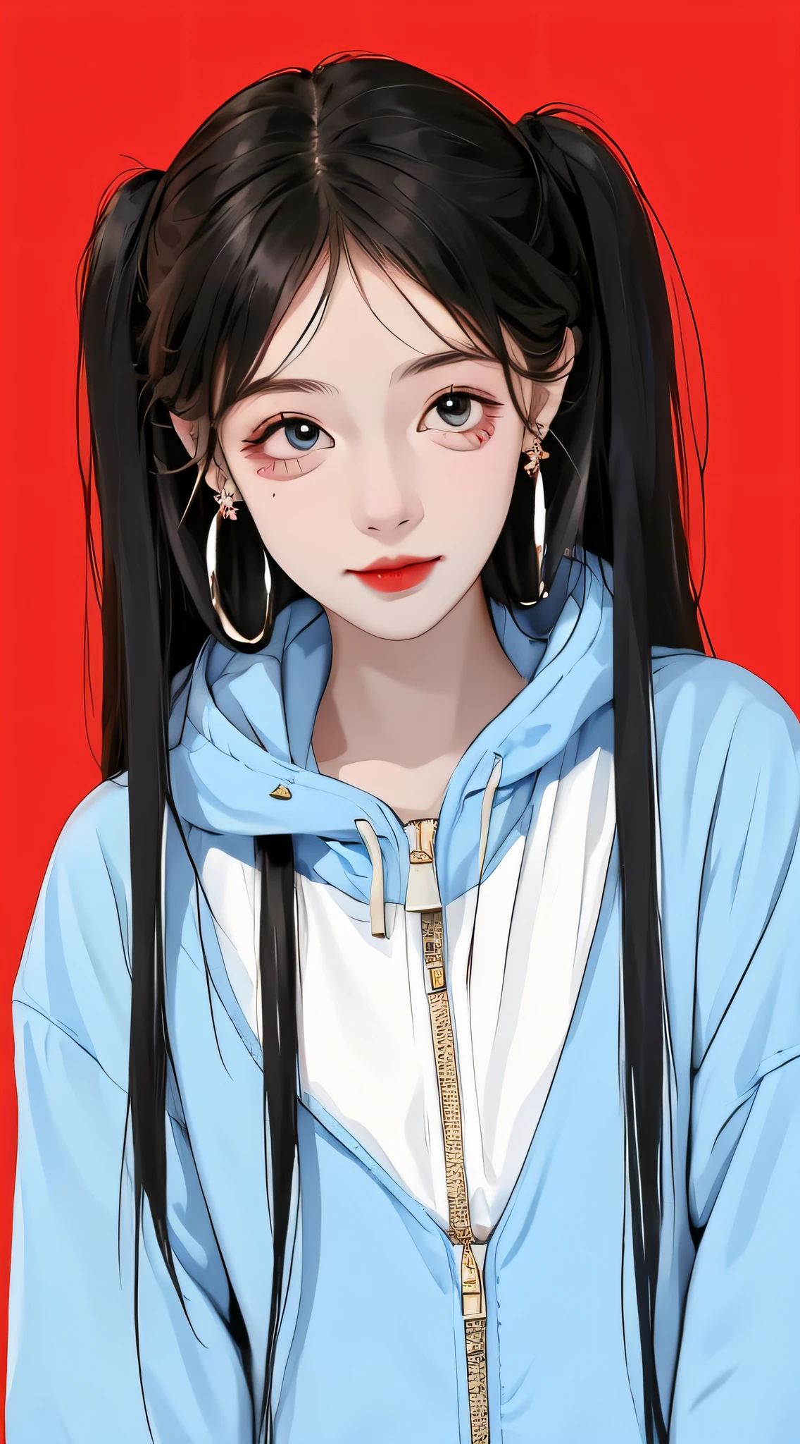 A cute girl with random hair, messy, earrings, street style, carefree look, solid color background, cold expression, simple background, minimalist, evil