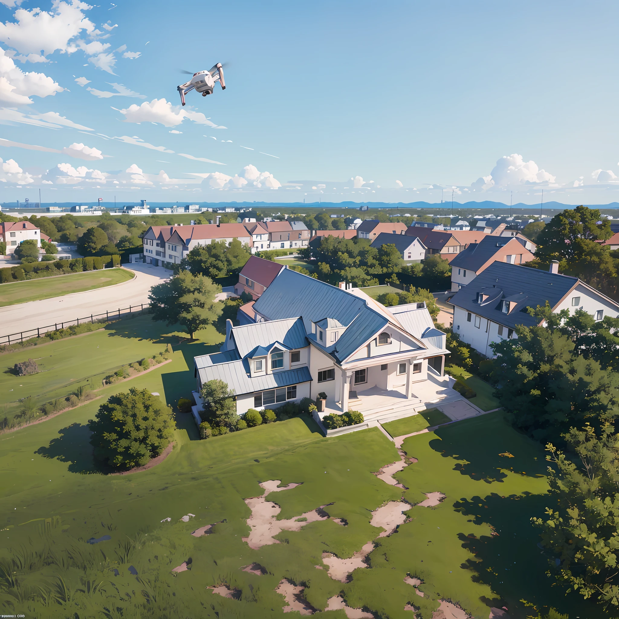 drone DJI Phantom 4 pro, flying over a house, sunny day with buildings around, best quality, 4K, realistic --auto --s2