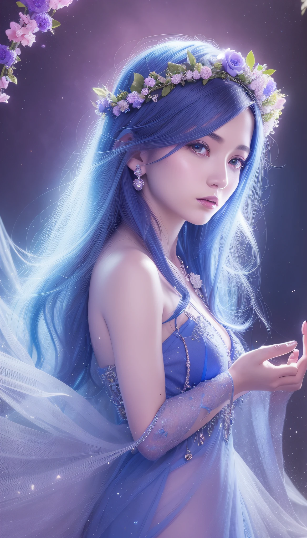 arafed woman in a blue dress with a flower crown, ethereal fantasy, ethereal beauty, ((a beautiful fantasy empress)), a beautiful fantasy empress, fantasy art style, fantasy beautiful, beautiful fantasy art, beautiful fantasy maiden, beautiful goddess, fantasy woman, digital fantasy art ), fantasy photoshoot, beautiful celestial mage, astral fairy, celestial goddess, beautiful sorceress