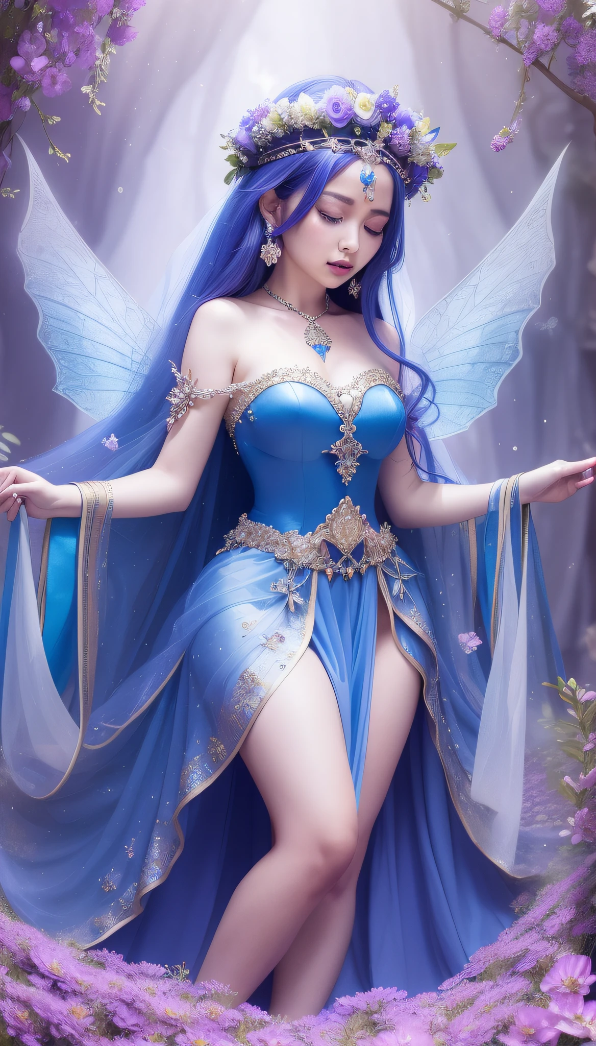 arafed woman in a blue dress with a flower crown, ethereal fantasy, ethereal beauty, ((a beautiful fantasy empress)), a beautiful fantasy empress, fantasy art style, fantasy beautiful, beautiful fantasy art, beautiful fantasy maiden, beautiful goddess, fantasy woman, digital fantasy art ), fantasy photoshoot, beautiful celestial mage, astral fairy, celestial goddess, beautiful sorceress
