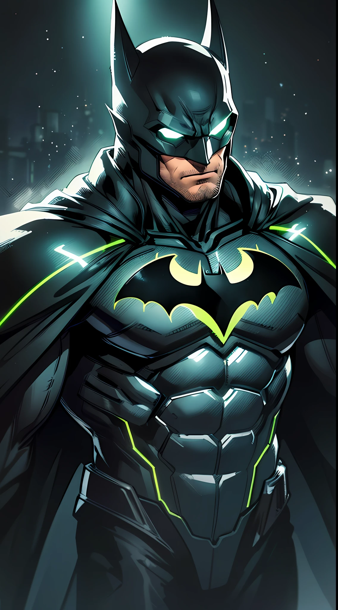 Batman,macho, tall, hunk, muscular, black and neon green suit, neon green details on the suit, best quality, masterpiece, long black cape, short ears on the helmet, white eyes, no pupils, serious face, ultra detailed suit, detailed face, powerful pose,  best quality, high resolution:1.2, dark grey ultility belt, night, dark atmosphere, flowing cape, award winning, shadow, volumetric lighting