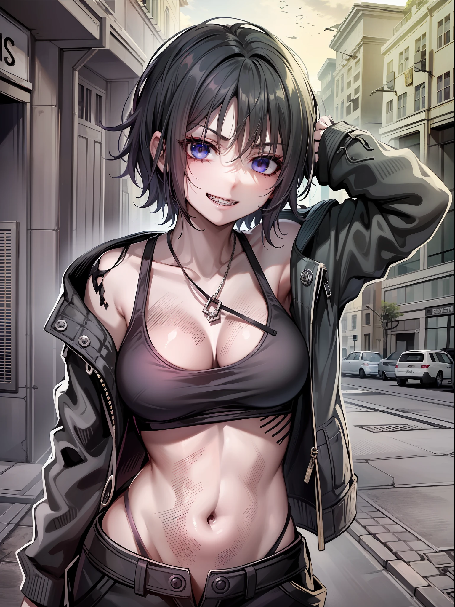 A woman with sharp teeth, visible when a mischievous smile forms on her lips. She wears a tank top with a black jacket and pants, exuding an aura of mystery and power. Her short black hair is messy, adding a scruffy, wild look. His eyes, an intense white without the presence of a retina, emanate an unearthly sensation. Deep dark circles stand out on her pale skin, evidencing her tired and haunted appearance. The environment around it is urban and dark, with ruins that testify to the passage of time and evoke a climate of desolation and decadence.