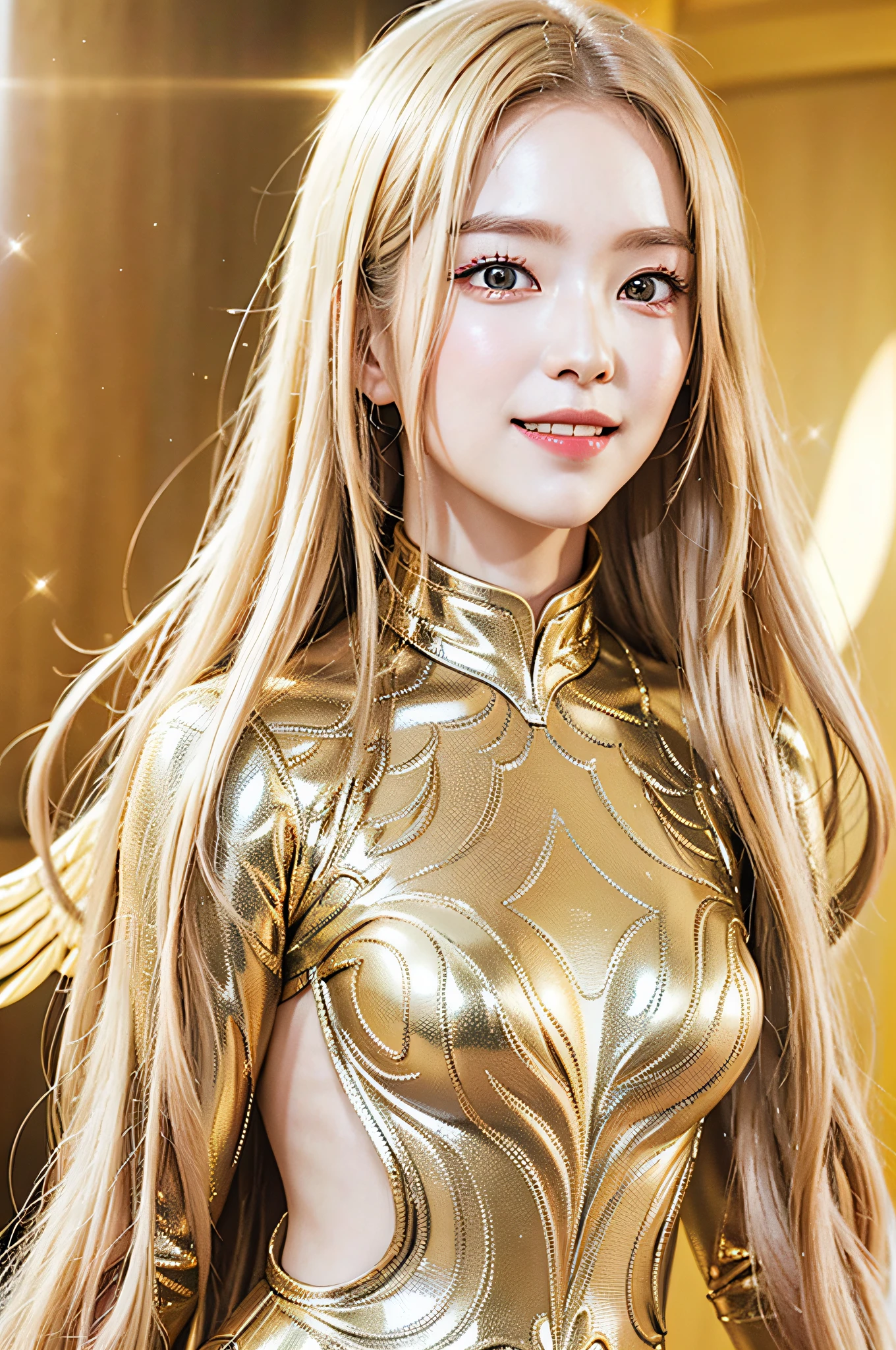 Golden armor, long blonde hair, golden pupils, golden light background, golden transparent wings, metallic texture, smiling, golden eyes, flashing notes around, maiden, golden starlight, dazzling