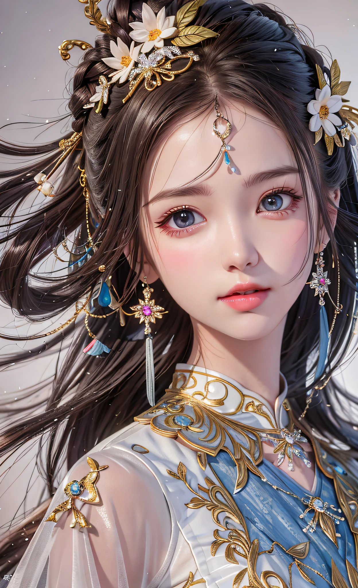 Best Quality, Masterpiece, High Resolution, 1girl, Porcelain Dress, Hair Accessories, Necklace, Jewelry, Pretty Face, On Body, Tyndall Effect, Realistic, Shadow Studio, Rim Lighting, Dual Tone Lighting, (High Detail Skins: 1.2), 8k UHD, dslr, soft light, high quality, volume light, sneak shot, photo, high resolution, 4k, 8k, background blur,