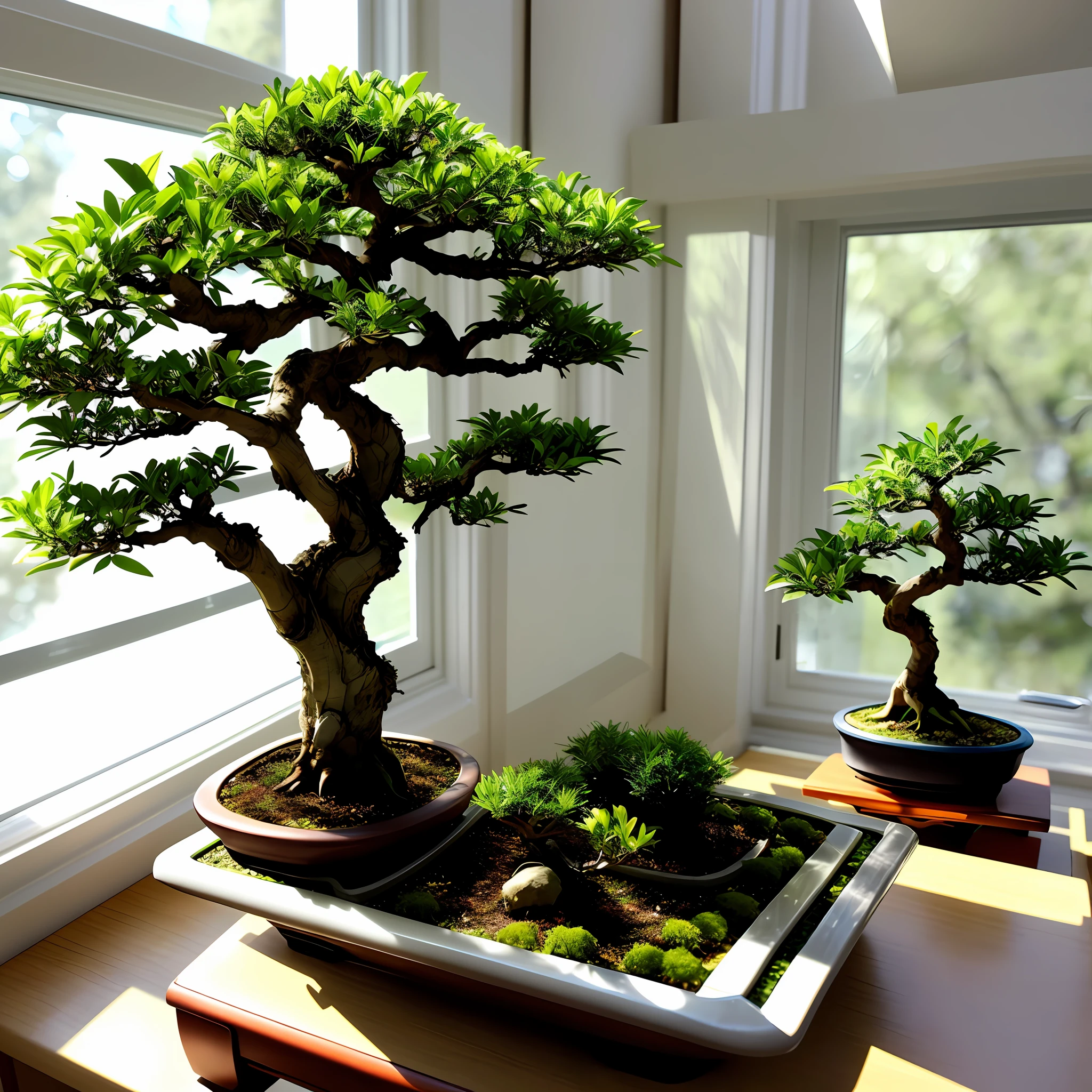 Miniature bonsai placed on the table sunlight shines through the window