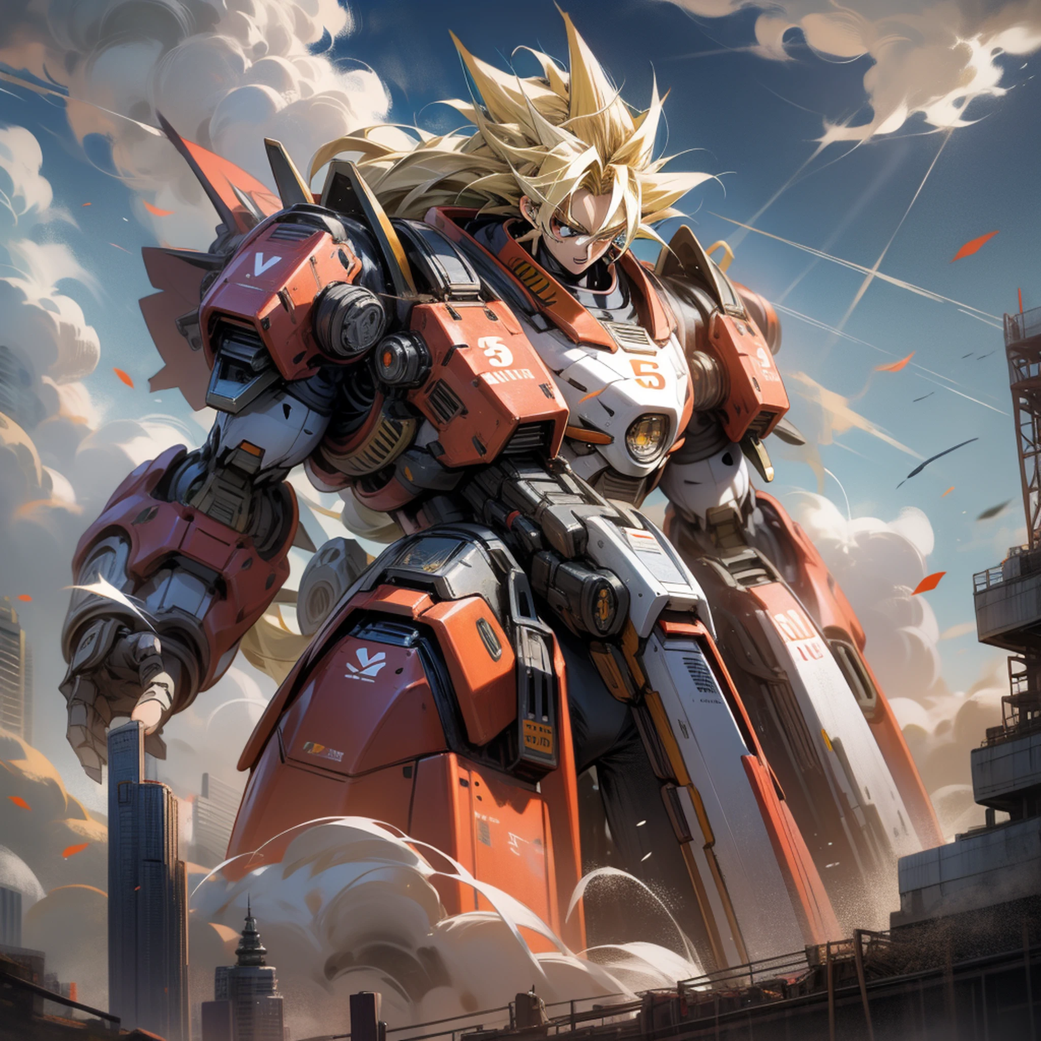 Super Saiyan beats up monster in the sky with mech-style. --auto --s2