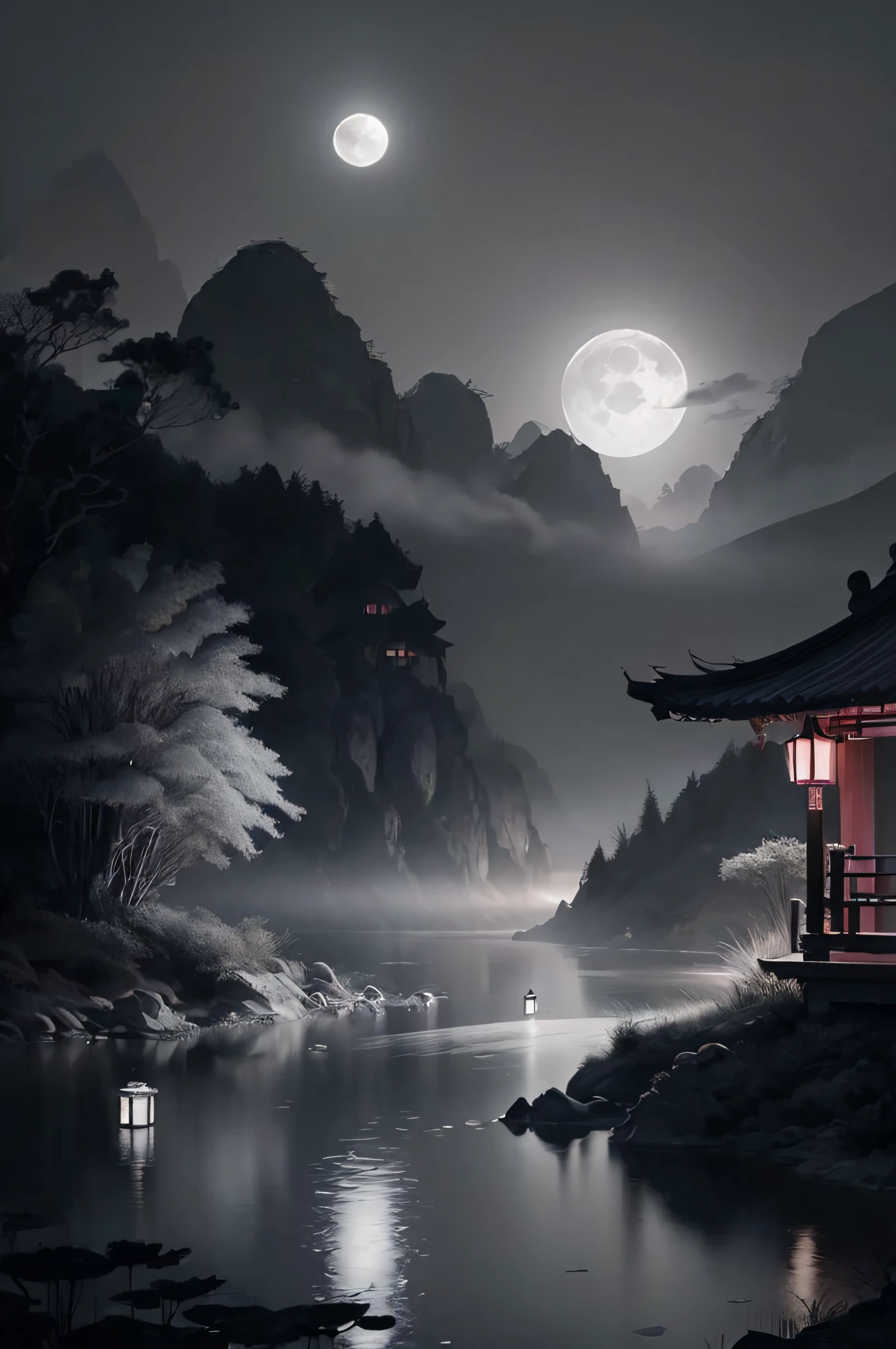 a dark and foggy night scene with a full moon and a pagoda, detailed painting 4 k, 4k digital painting, 4 k digital painting, 8k high quality detailed art, dark but detailed digital art, 4k highly detailed digital art, by Yang J, 8k digital painting, high quality digital painting, 8 k resolution digital painting, stunning digital painting