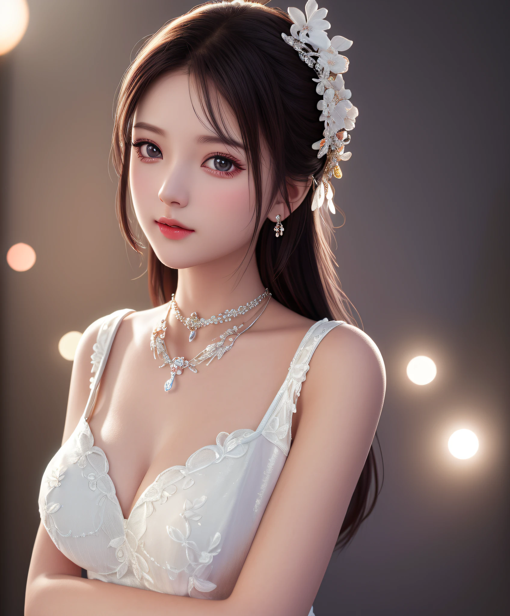 Breast Exposure, Best Quality, Masterpiece, High Resolution, 1Girl, Porcelain Dress, Hair Accessories, Necklaces, Jewelry, Beautiful Face, Physical, Tyndall Effect, Realistic, Shadow Studio, Edge Lighting, Two-Color Lighting, (High Detail Skin: 1.2), 8K UHD, DSLR, Soft Light, High Quality, Volumetric Light, Voy Shot, Photo, High Resolution, 4K, 8K, Background Blur,