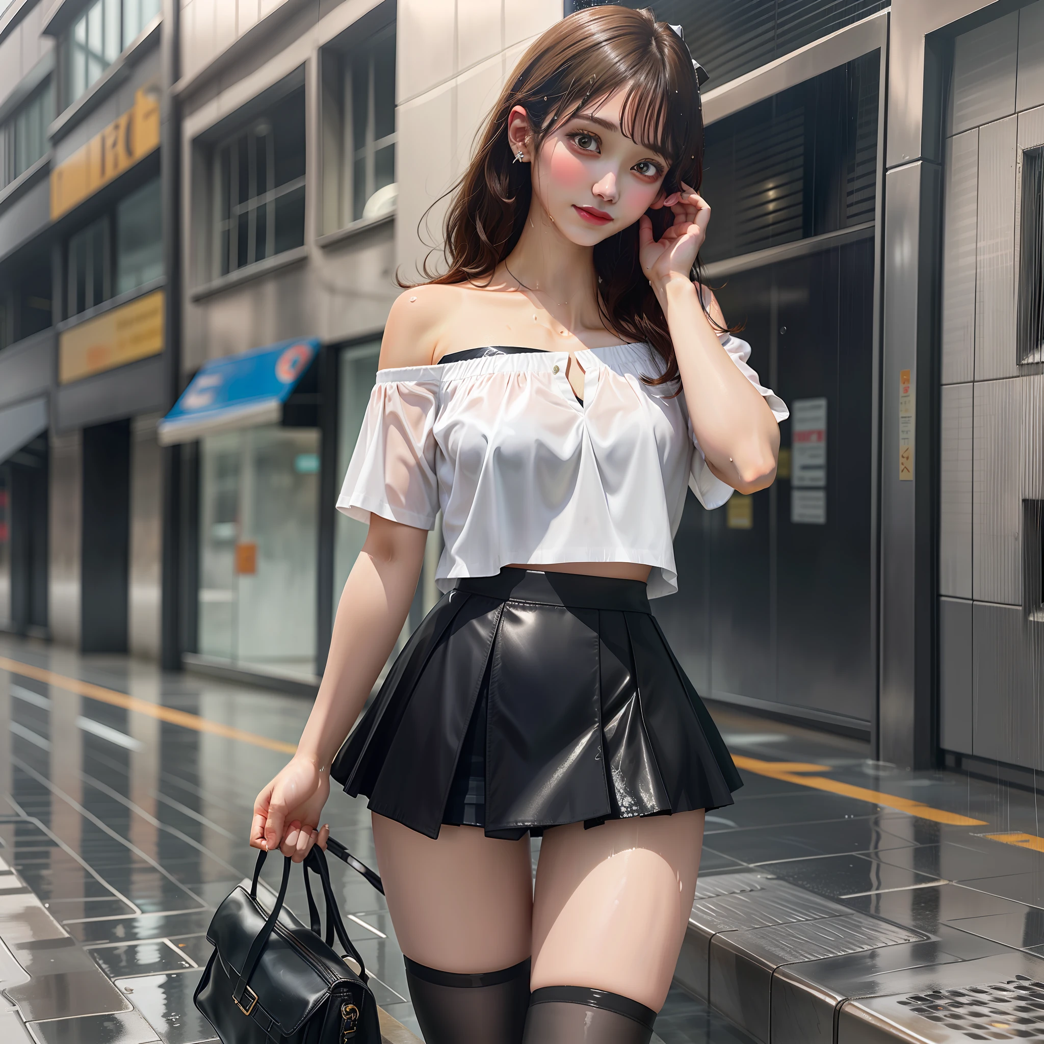 A beauty, short skirt, bandeau, wet, JK