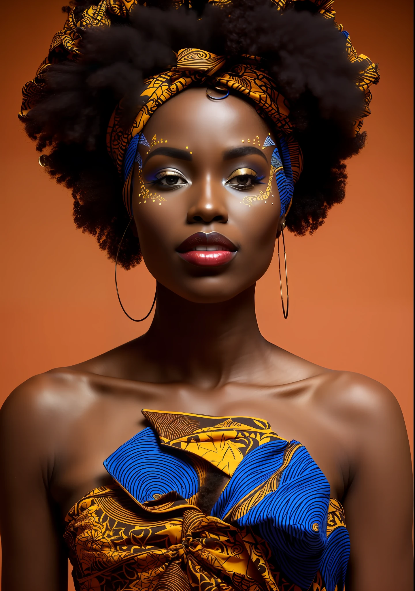 a woman with a blue and brown dress and a headband, stunning african princess, black african princess, african queen, african princess, afrofuturistic, maria borges, afrofuturist, brown skinned, afrofuturism style, elaborate patterned makeup, african woman, dark-skinned, african, afrocentric mysticism, beautiful portrait, afro futuristic, afro, afrofuturism, traditional beauty