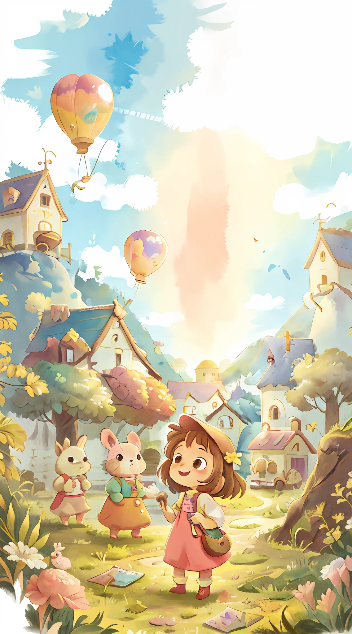 Fresh colors Watercolor children's painting *********** Happy Balloon Castle Cloud Cute rabbit