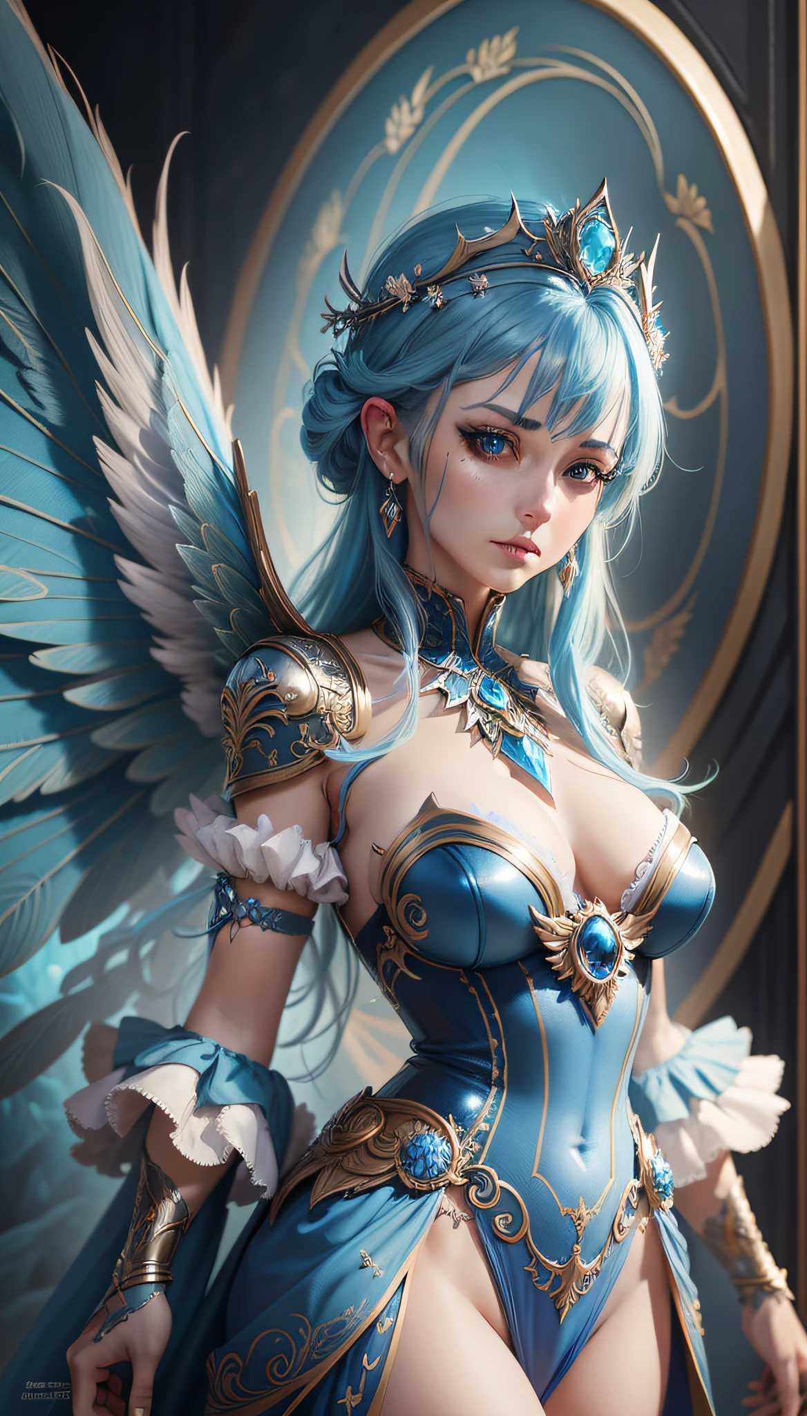 a woman with blue hair and wings in a blue dress, hyperdetailed fantasy character, digital fantasy art ), fantasy art style, extremely detailed artgerm, fantasy style art, a beautiful fantasy empress, digital 2d fantasy art, astral fairy, 8k high quality detailed art, fantasy art behance, ross tran 8 k, detailed digital 2d fantasy art