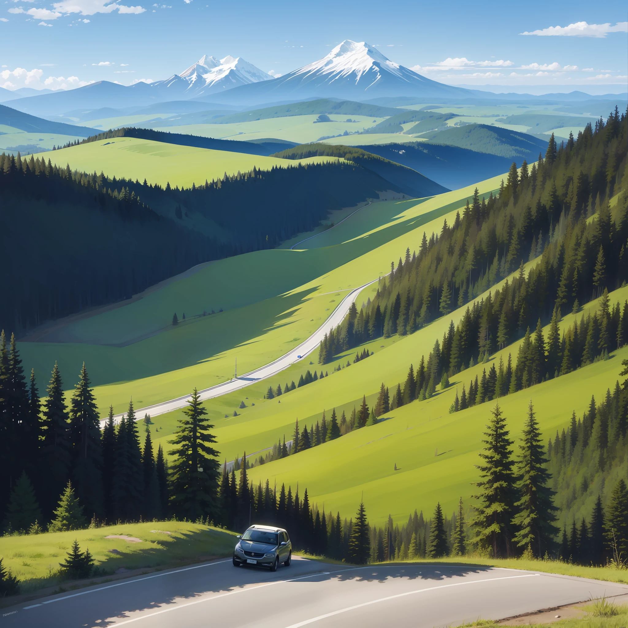 travel Car crossing, Curved roads, Faint, Expansive environment, Tall fir, Canadian mountain view, Foreign forests, Monnet style, Top view, watercolour, En plein air, Romanticism