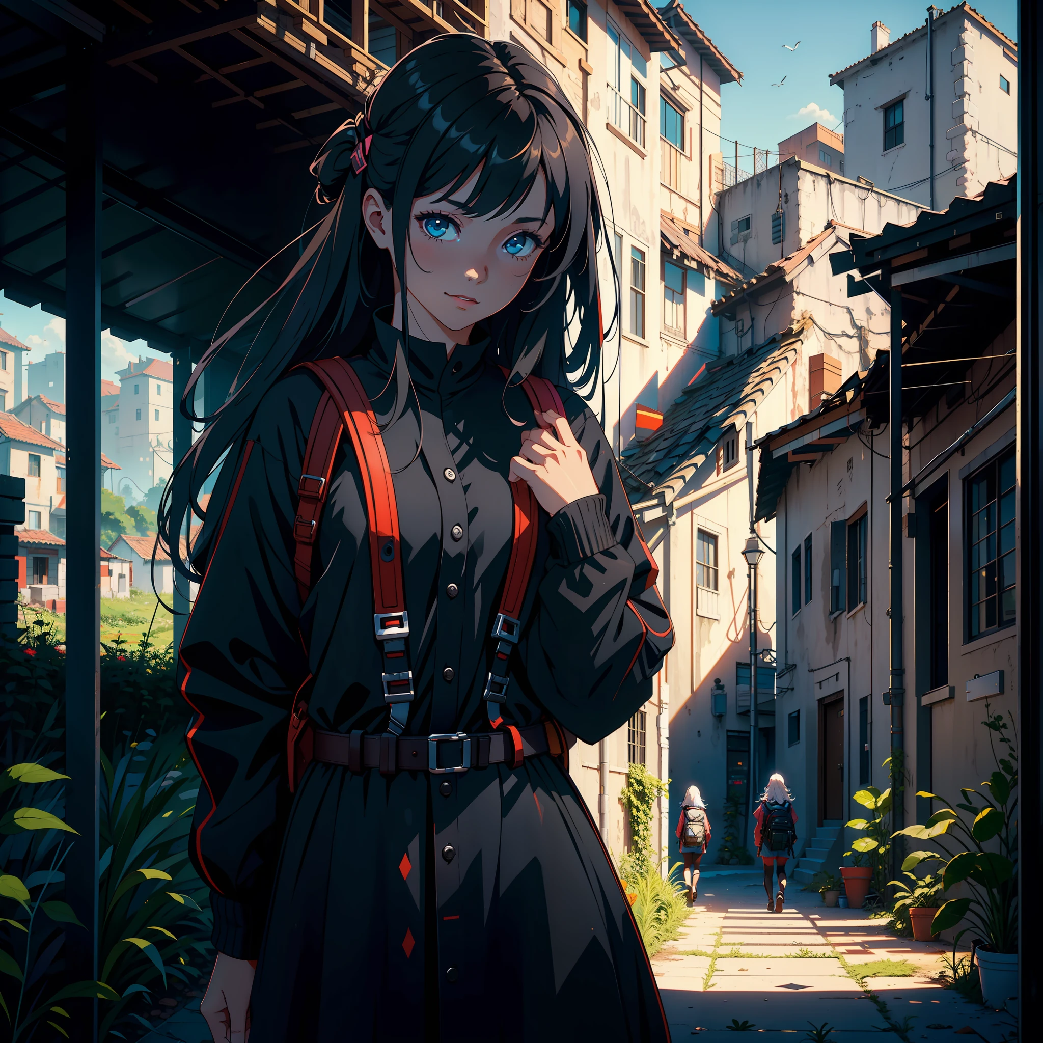 Beautiful young girl in a village, absurdly long hair, level smile, backpack, construction machines, cyberpunk, daytime, hay, beautiful, depth of field 1 0 0 mm, cinematic, filmic, vsco, conceptual art, artstation, digital painting, elegant, model, beautiful, vouge, kodak, vray, cinema 4 d, octane render, ambient occlusion, lumen