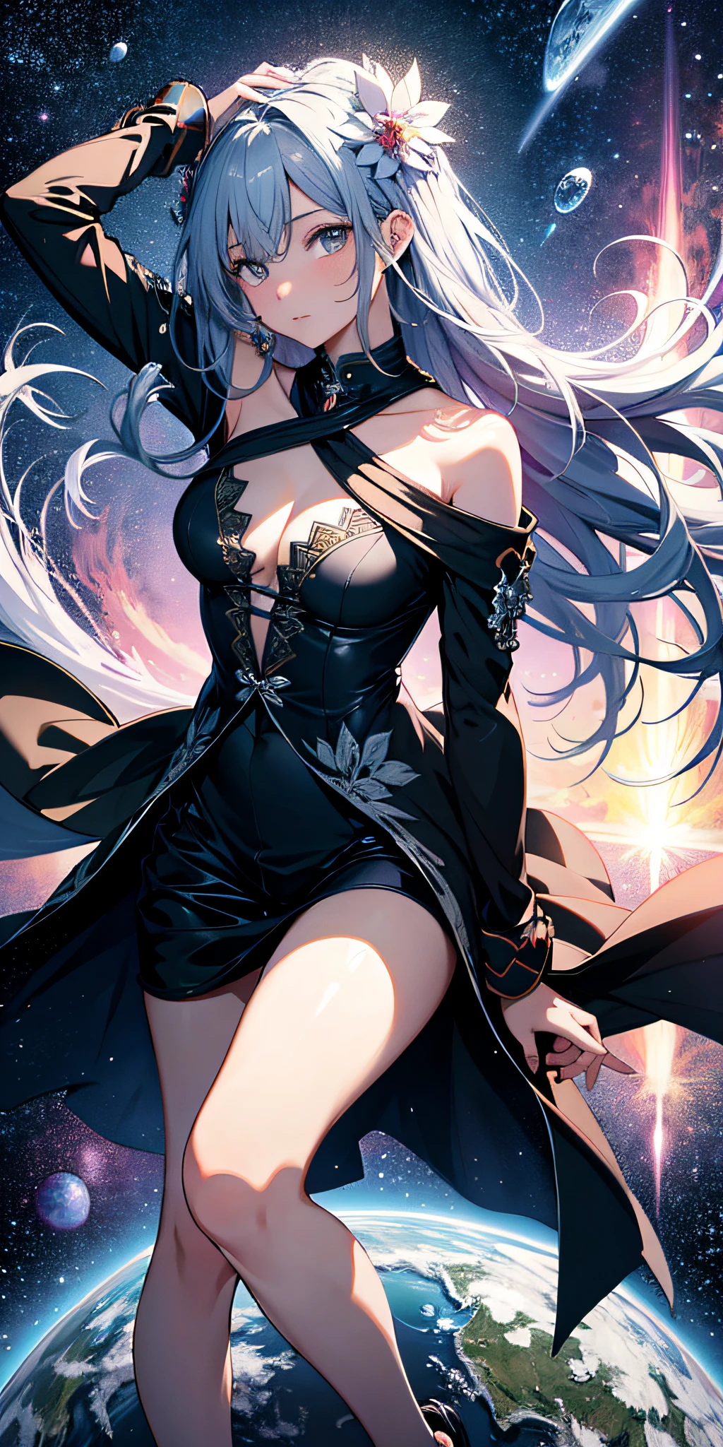 ridiculous resolution, high resolution, (masterpiece:1.4), ultra-detailed, 1girl, seen from above, space, floating, --v 6