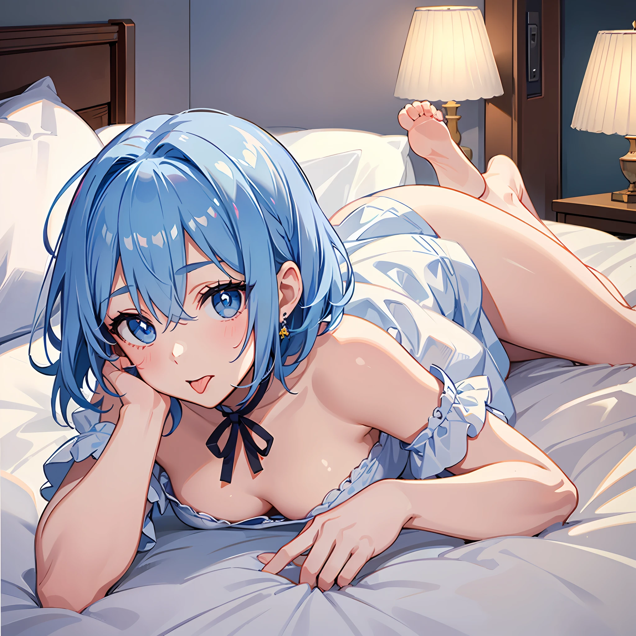 (((Masterpiece)))), (Best Quality))), Hi-Res, Lying down, Above Thighs, Face down, ((Cute 1 girl))), Solo, , White skin, Small breasts, Eight-headed person, (Light blue hair), ((Very short hair)), Crisp bangs, Beautiful hair, Blue eyes, Beautiful detail eyes, ((sticking out tongue)), blush, Wink, Heart, (Shouldered clothing), Pajamas, Earrings, Bed, white room, morning, shadow lighting,