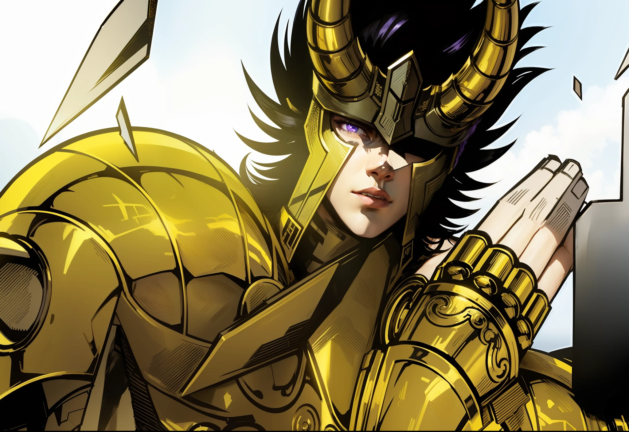 character, boy, black hair, purple colored eyes, shiny gold armor, blue sky scenery, 8K, realistic