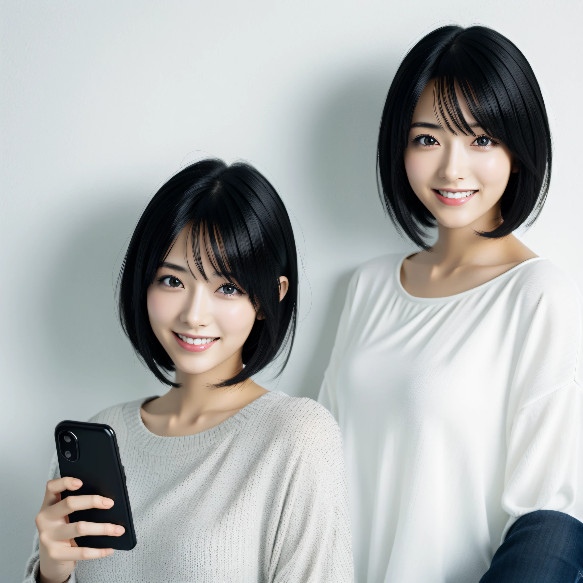 (best quality, masterpiece:1.1), (realistic:1.4), 1girl,anime, ANIME, CHARACTER, REALISTIC, 3D, PERSON, MIX, black hair, short hair, 2D, MODEL, REAL PERSON, Front, smile,woman,holding phone