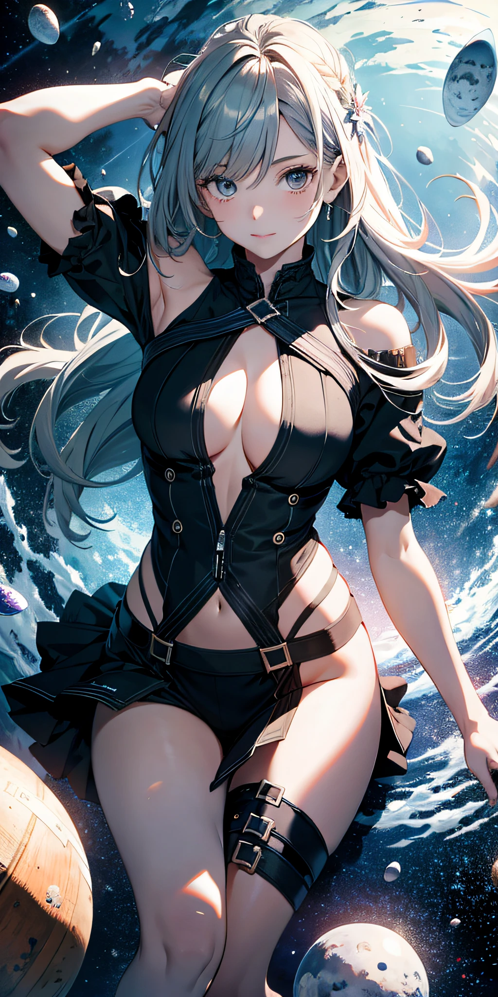 ridiculous resolution, high resolution, (masterpiece:1.4), ultra-detailed, 1girl, seen from above, space, floating, --v 6