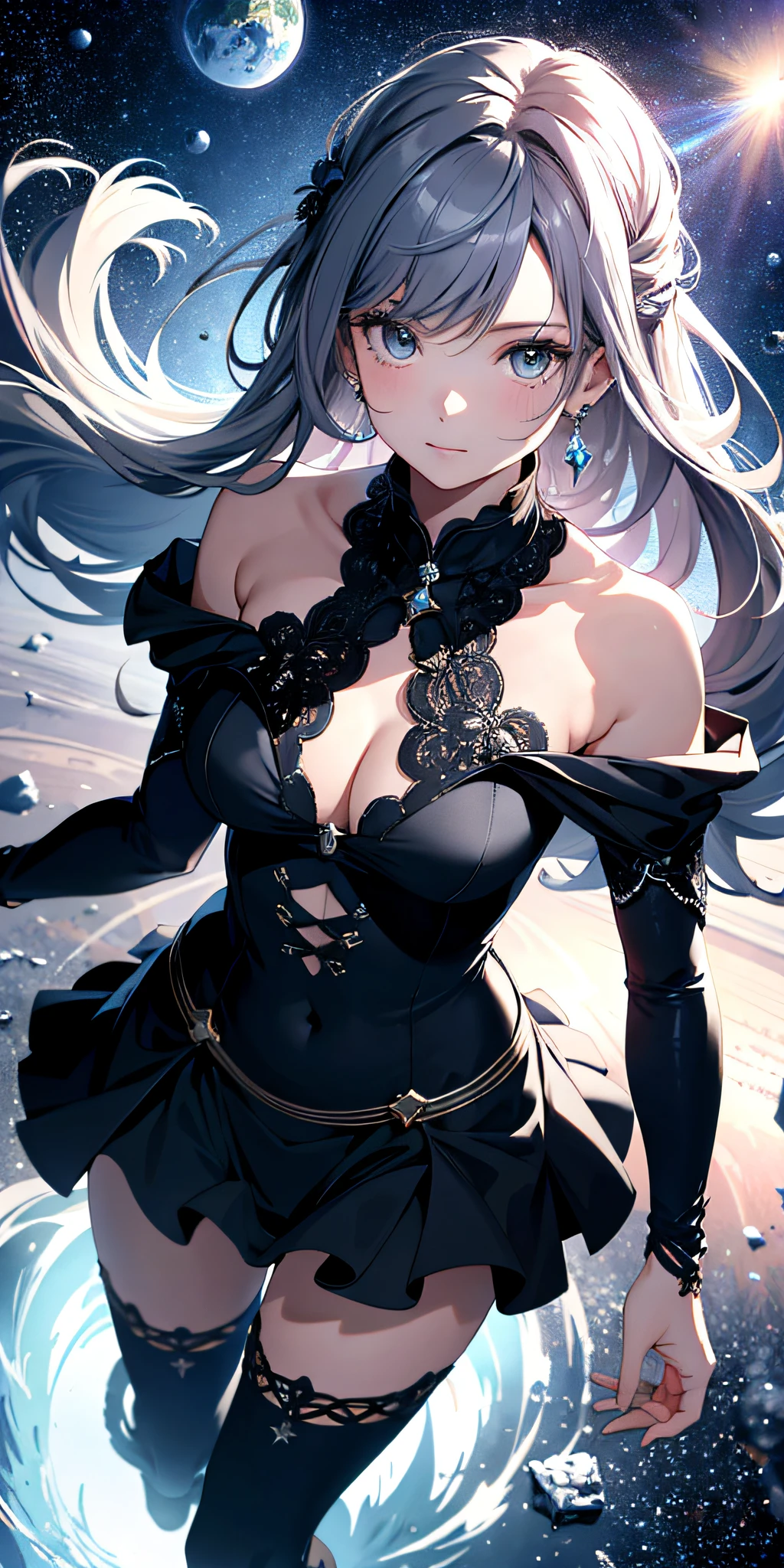 ridiculous resolution, high resolution, (masterpiece:1.4), ultra-detailed, 1girl, seen from above, space, floating, --v 6
