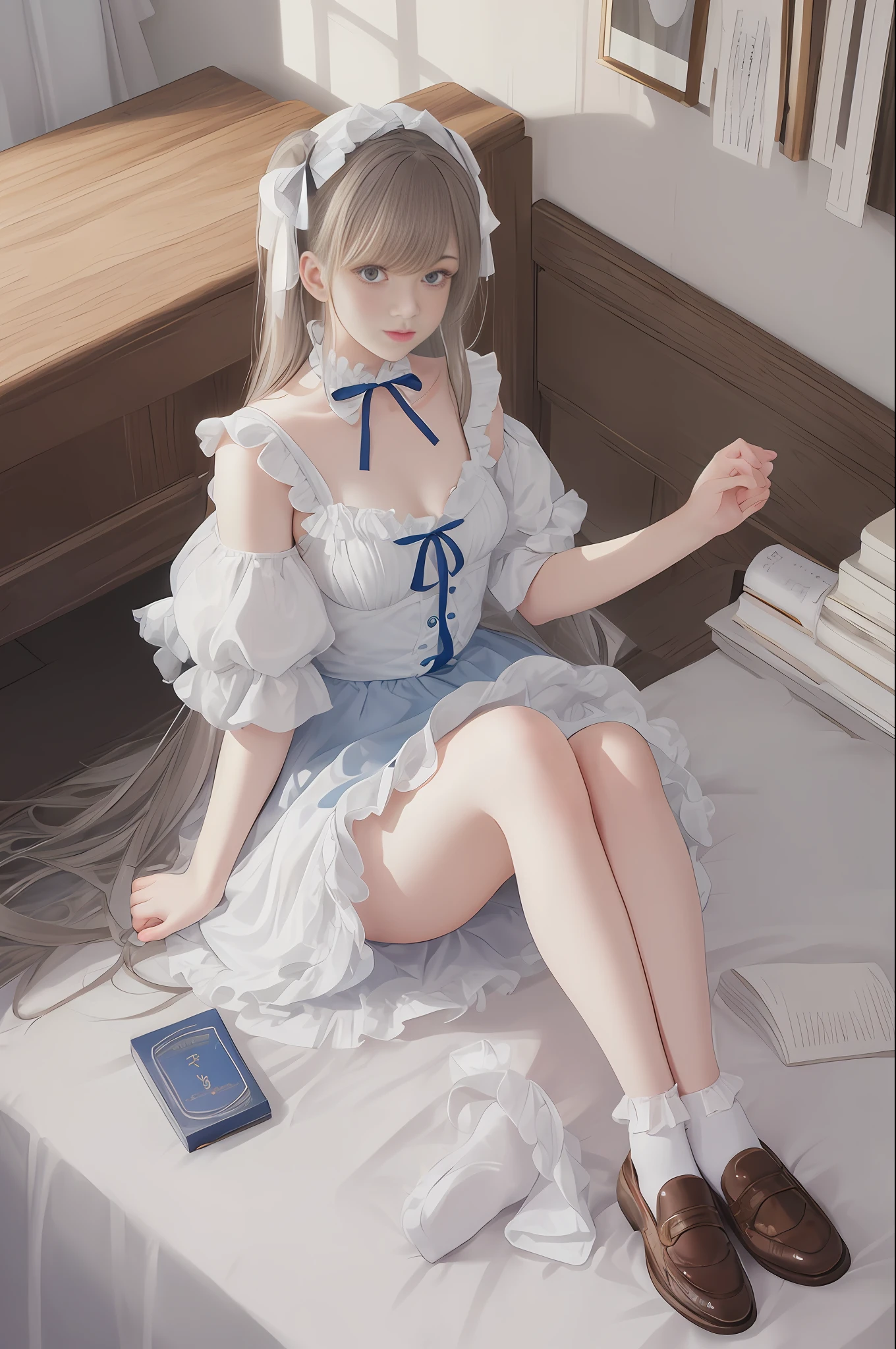 Photorealistic, pale light, 22 year old beautiful woman, white ruffled blouse, blue ruffled skirt, gray-brown hair with ribbon, ruffled ankle socks, sitting with straight legs on the bed, soles of socks, library background