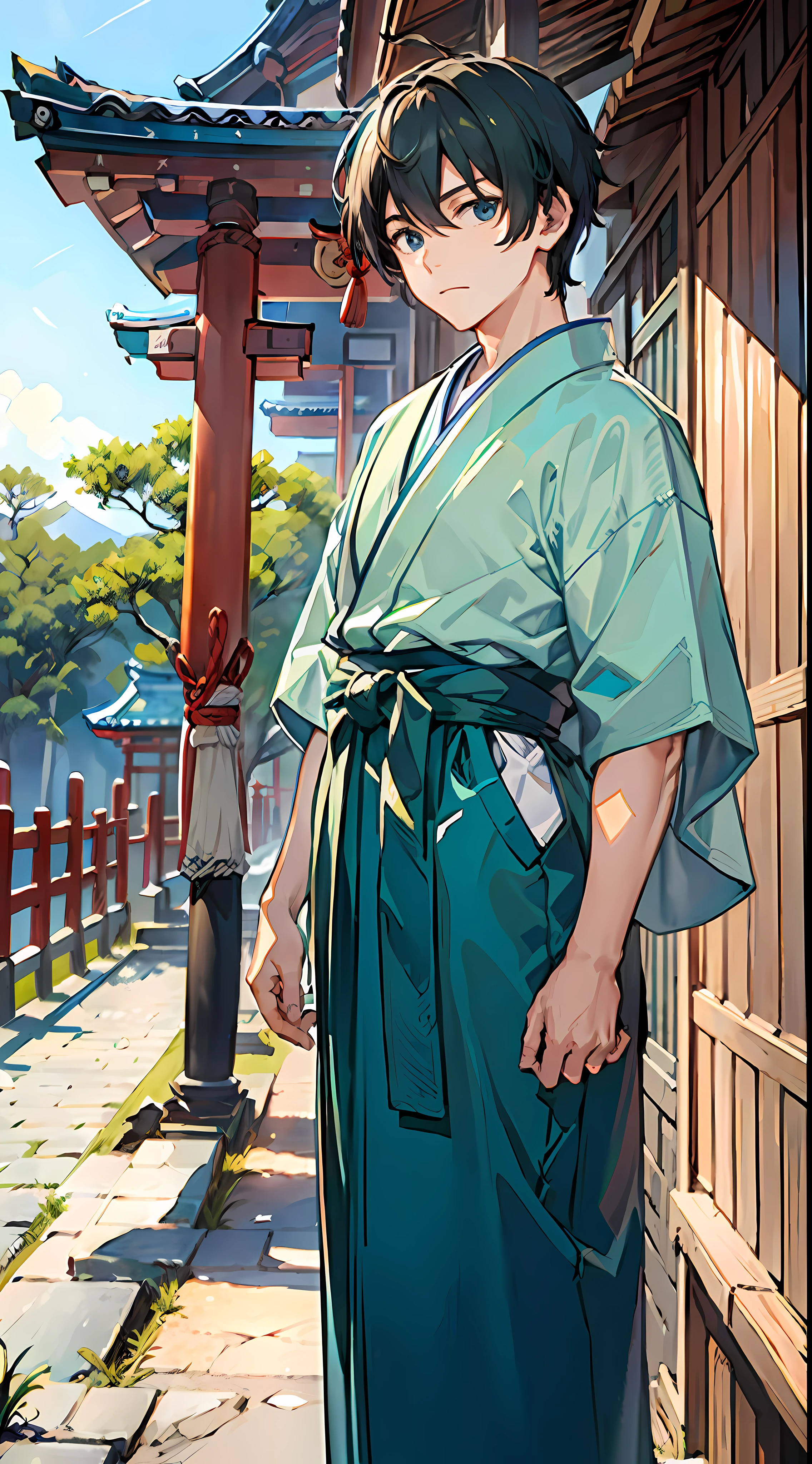 ((Masterpiece: 1.4, best quality)), Boys: 1.1, green and short hair and eyes, Light blue Hakama: 1.2, the background is a temple of Japan.