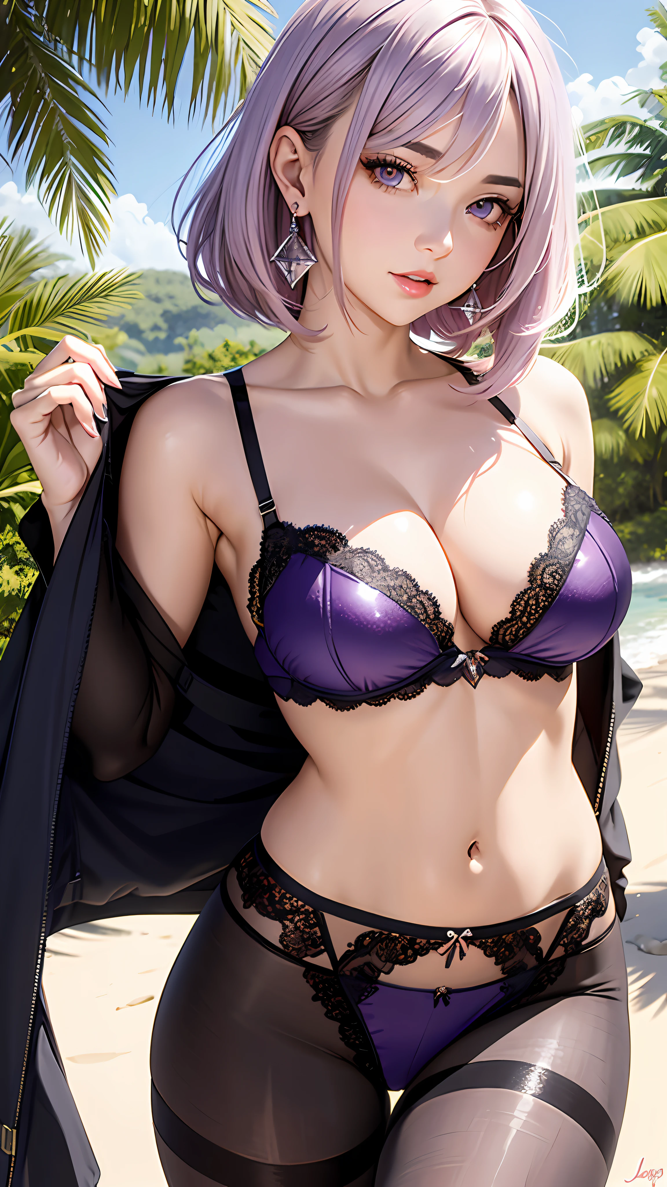 Realistic, Hyper Detail, Girls Only,  Dynamic Lighting, (Glossy skin: 1.5), Masterpiece, Top Quality, Absurdity, ((limited palette)), one side short layered bob,((Blonde:0.7) and (light purple inner color:0.3) Hair), ((deep lilac Clear Eyes)),((Beautiful, detailed eyes, jewel-like eyes, sparkling eyes:1.3)) , a woman in a lingerie standing on a beach, seductive girl, beautiful alluring woman, beautiful alluring , attractive girl, beautiful girl, beautiful sexy woman, sexy girl, see-through lingerie, beautiful artwork, fine detail, best girl, detailed digital art,earrings, jewelry, lace, lace-trimmed bra, lace trim, lingerie, lace-trimmed legwear, black lace, looking_at_viewer, navel, pantyhose,