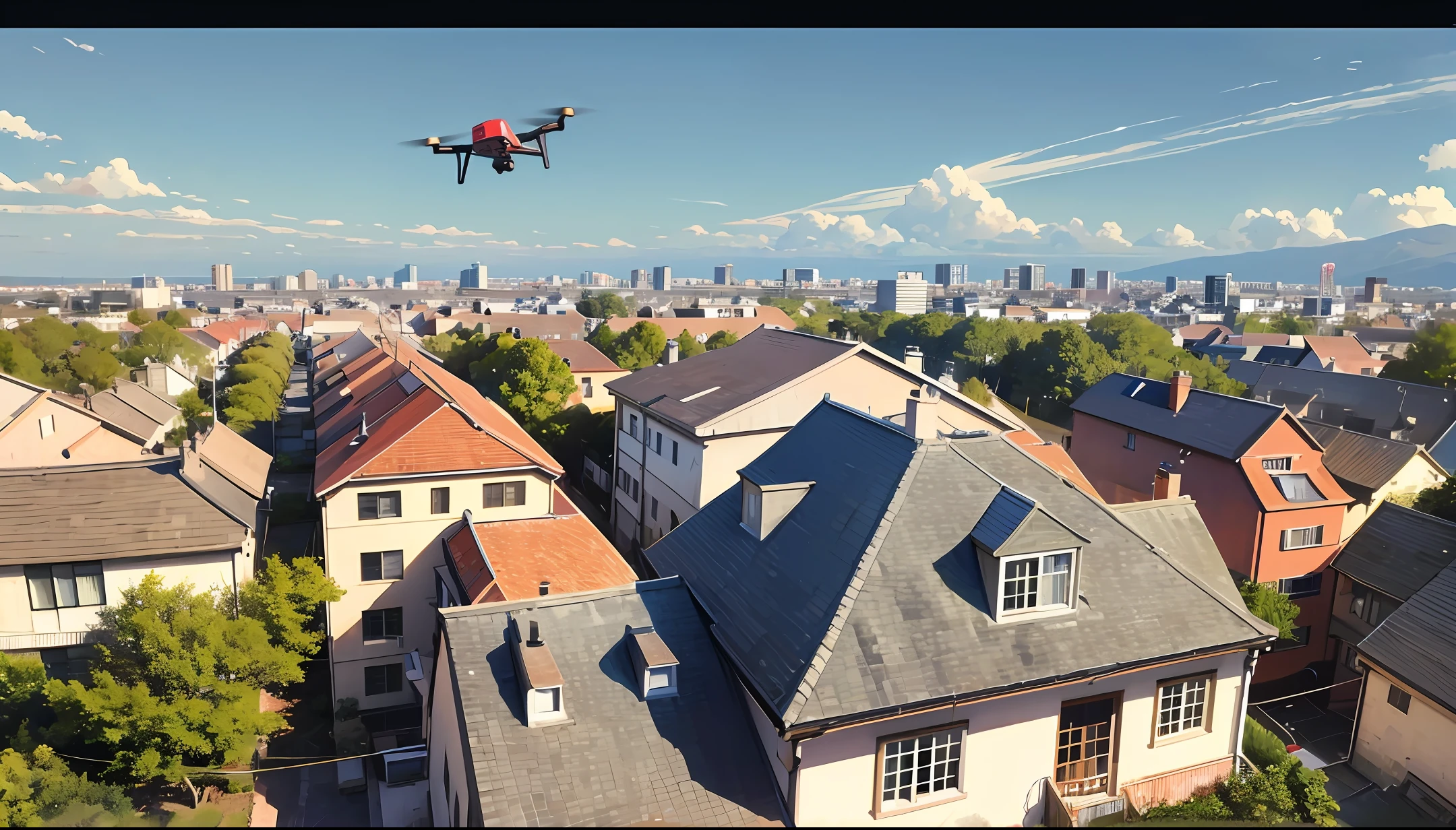 drone with four propellers, flying over a house, sunny day with buildings around, best quality, 4K, realistic --auto --s2