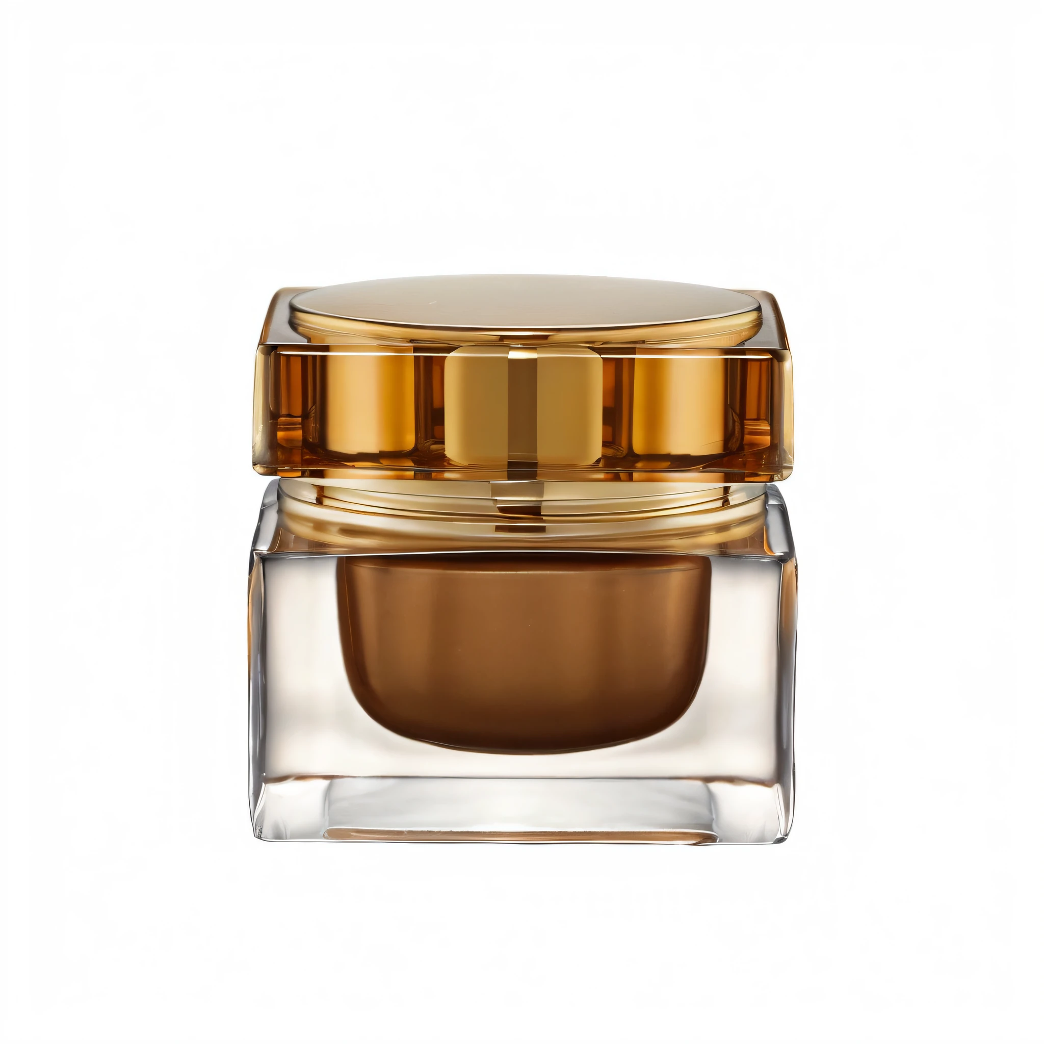 a close up of a jar of cream on a white background, caramel, honey, artdeco, tempera, textured base ; product photos, jessica, sienna, smooth gold skin, elegant gold body, amber, gilt, clear [bronze] face, fey, tudor, vtm, 4l, 35 mm product photo”, liquid translucent amber