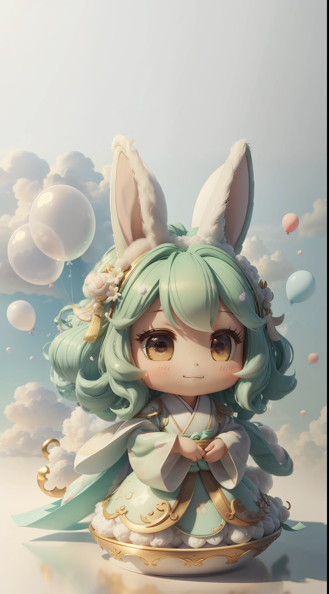 Rabbit, big ears, happy smile, (wearing Hanfu) fluffy, fluffy hair, soft ((best quality)), ((masterpiece)), (hair accessory)( extreme detail, highest detail, official art, beauty and aesthetics:1.2), depth of field, composition ( (whole body) ), (chibi), (beautiful and detailed eyes: 1.3), (very happy:1) (light mint green and gradient white), popmart blind box, clay texture, (transparent balloon, cloud decorative background), natural light, best quality, Super Detail, 3D Art, C4D, Blender, OC Renderer, 3D Rendering, 8K --auto --s2