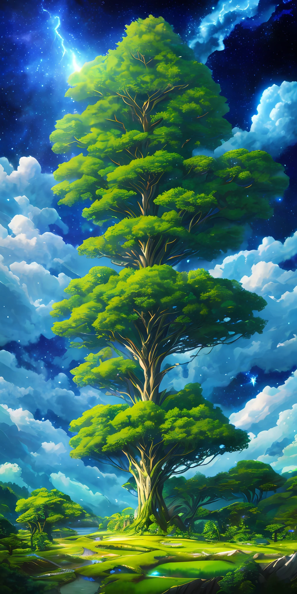 Illustration of a surreal, otherworldly, hyper sky scene including a giant crystal tree full body, highly detailed and magical lighting, intricate forest details, vegetation and surrounding river, solar punk, landscape, giant tree , beautiful green leaves, beautiful lighting and realistic proportions, as if this is a movie background, 8k, highest quality, masterpiece, clouds and stars in the sky.