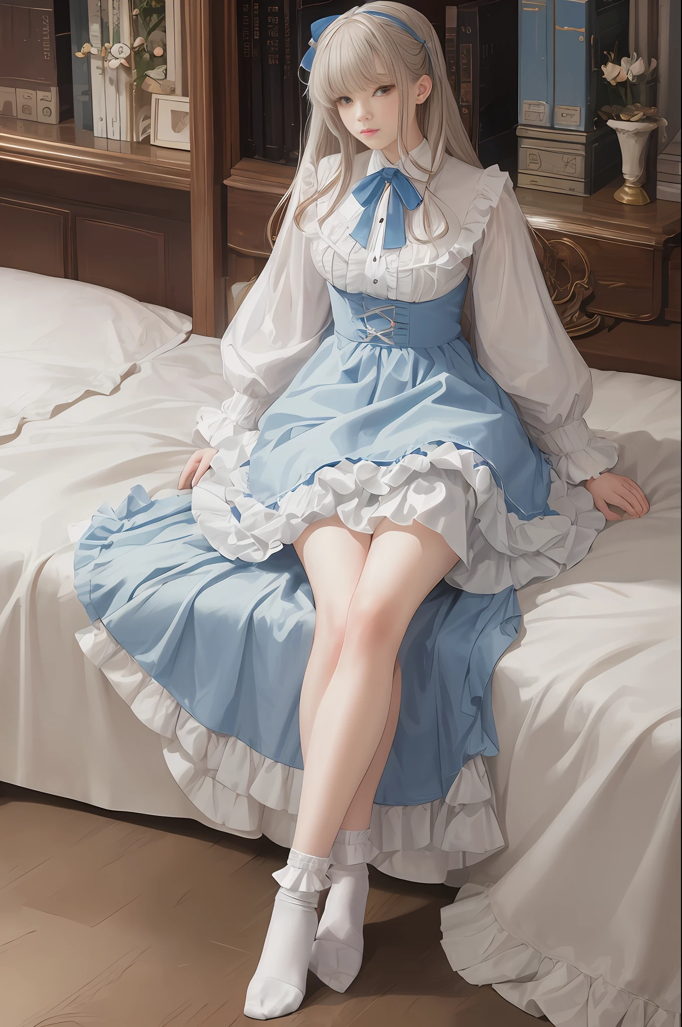 Photorealistic, pale light, 22 year old beautiful woman, white ruffled blouse, blue ruffled skirt, gray-brown hair with ribbon, ruffled ankle socks, sitting with straight legs on the bed, soles of socks, library background