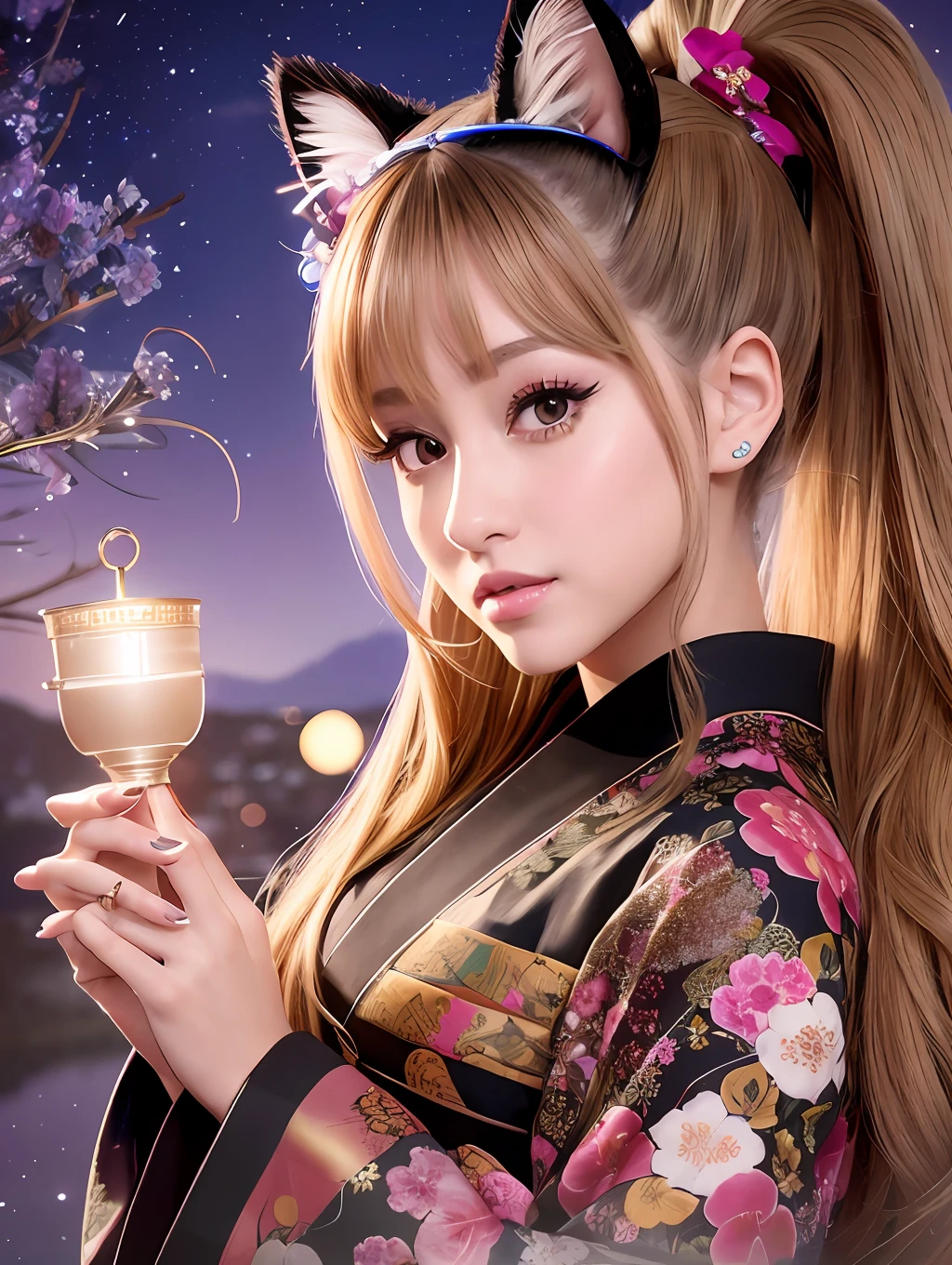 High resolution, high quality, Ariana Grande, American singer, actress, singer-songwriter, dark blonde hair, high ponytail, cat ears, kimono, detailed kimono, beautiful detailed eyes, thin decoration kimono, full body, Taisho era scenery, deep landscape, amazing illumination, light effect, night sky!
