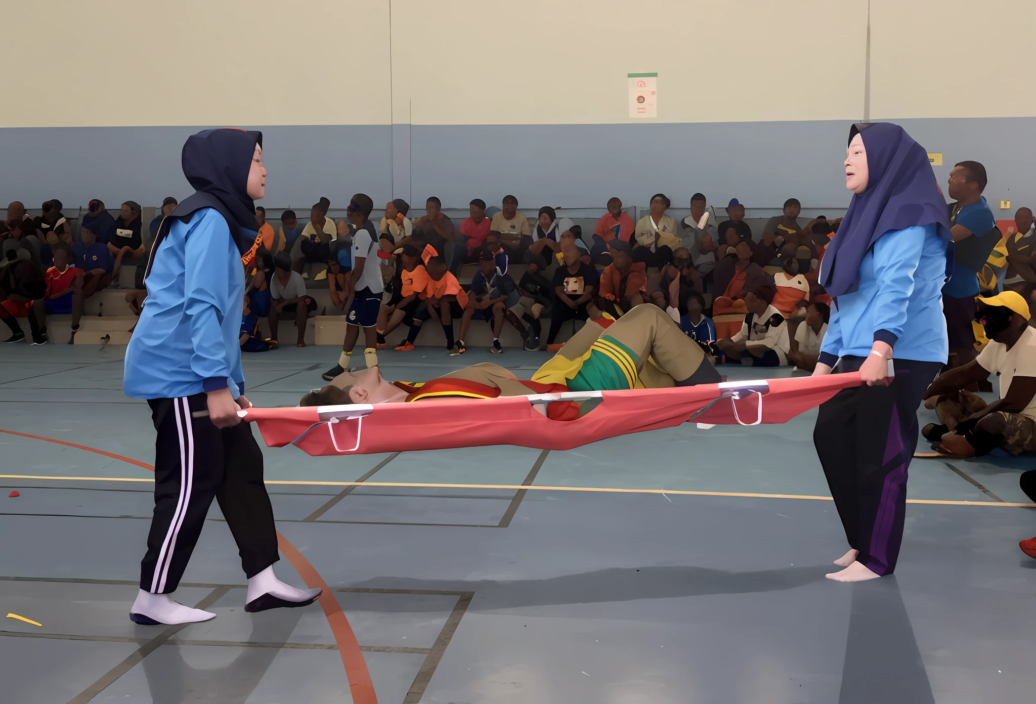 two indonesian women in blue rainwear are carrying a stretcer, there are two strongly madeup indonesian women in shiny blue rainwear, there is a sportsman in white shorts and a white t-shirt lying injured on a stretcher, there is an injred sportsman who is covering his face on a stretcher, an injured sportsman is covering his face with his hands, an injured sportsman is writhing in ecstasy on a stretcher, dramatic pity pose, there is a latino woman in a high-shine puffy coat, a high-shine black down coat, a long black moncler coat, a wetlook down coat, a wet black aquered coat, a latino wife is wearing a wetlook black uniform, injured, medic, laura sava, anna nikonova, very professional, by Dietmar Damerau, alexandra fomina, soccer action pose, affection pose, lecherous action pose, dramatic action pose, theatralic pose, there is an attractive woman that is carrying a skinny man, there is a beautiful woman in a shiny coat who is carrying a blond man in her arms, a longhaired beautiful woman in a high-shine black puffy coat, a longhaired woman in a shiny downcoat, a woman is carrying a shorthaired man who is wearing shorts and a t-shirt, a weak man in spots shorts is consciousless and needs to be carried, a shorthaired man with closed eyes is carried in the arms of a longhaired woman, a woman looks very scared and terrified, a consciousless man with closed eyes is suffering very much and has a very painful face, photo, photo shoot, photographed , accident, help, aid, first aid, pity