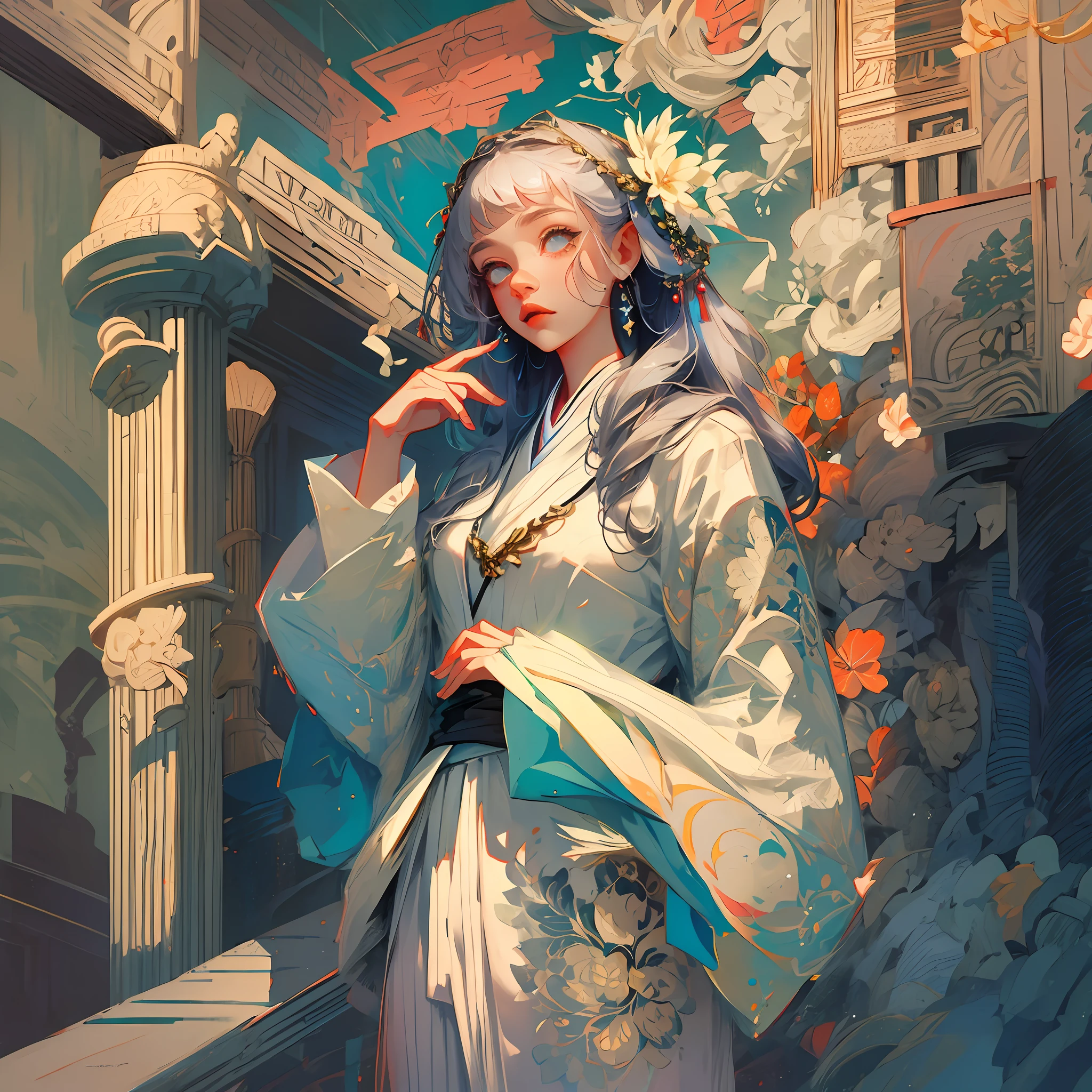 Girl in white kimono taking a commemorative photo with Napoleon --auto --s2