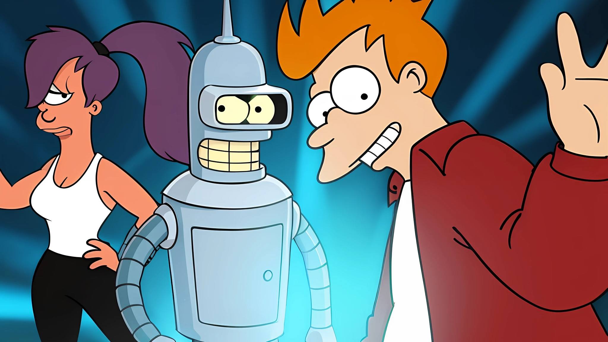 the iconic image of Futurama's characters, such as Fry, Leela and Bender, in a funny and colorful pose.