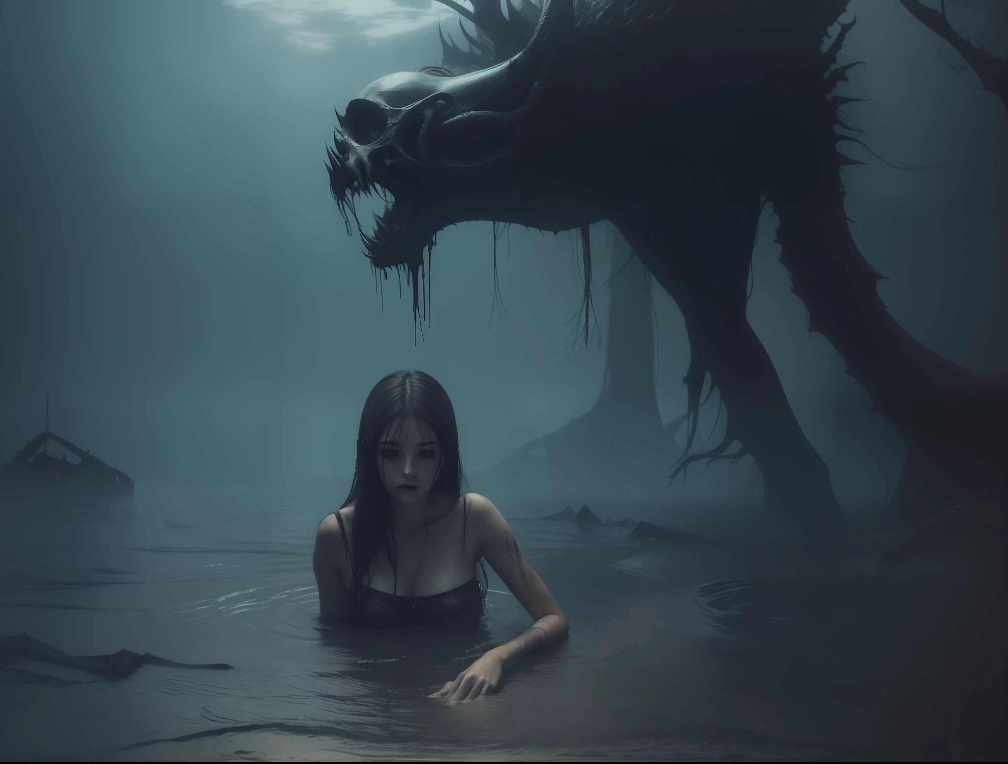 Fantasy realism, photo of 1 beautiful girl, submerged in a lake of twisted arms and legs, dark horror, (dark atmosphere:1.2), (fog & smoke), blood, scars, (dark medium length disheveled hair:1.1), (eyeshadow:1.1), (beautifully detailed glow:1.2), (Cinematic lighting), intricate detail, highres, sharp focus, smooth, aesthetic,