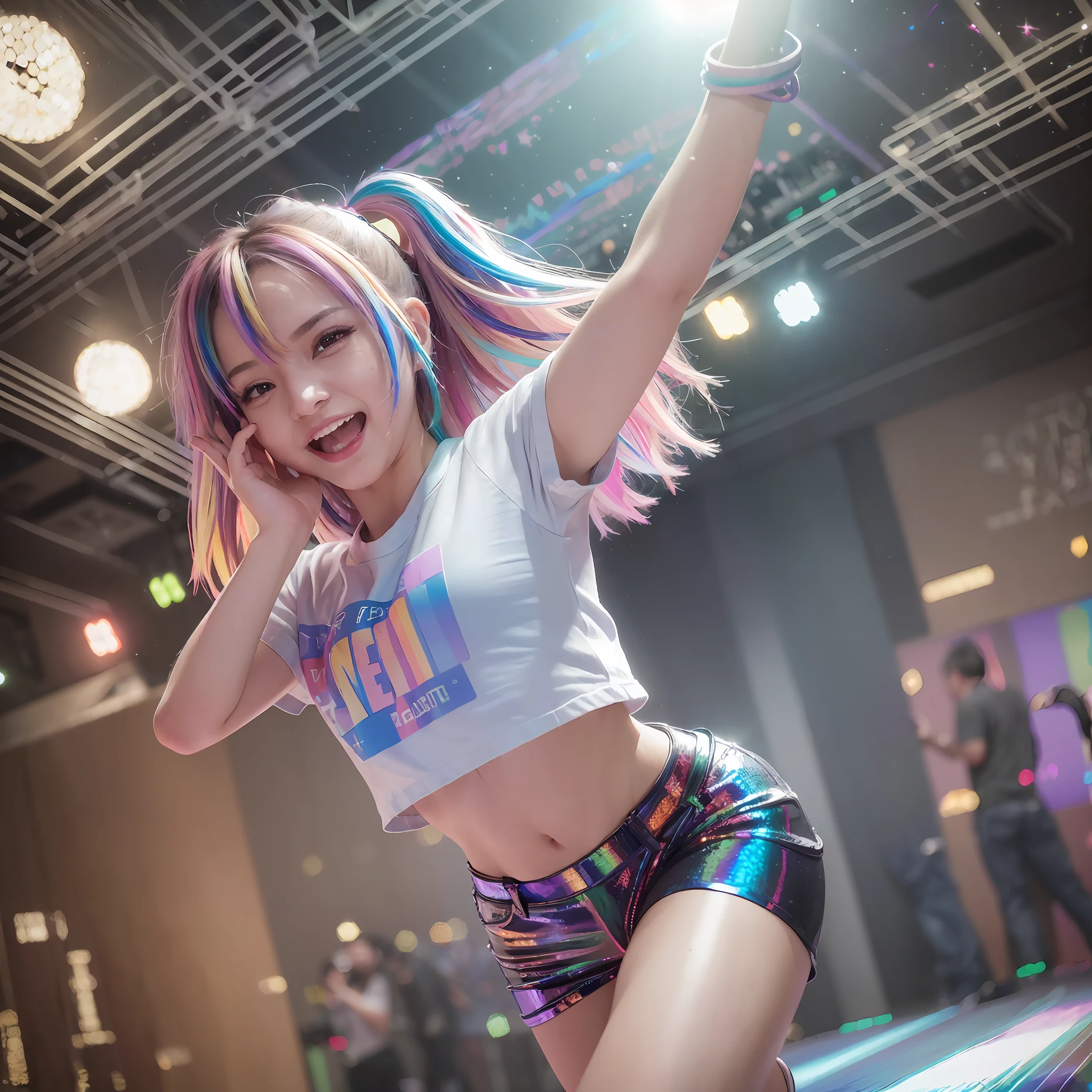masterpiece, (best quality:1.2), (chromatic aberration:1.5), 1girl, simple t-shirt, dancing, laughing, having fun, nightclubs in New York, dance floor, disco mirror ball lighting is diffused, cinematic light, backlighting, star lens flare, front lighting, beautiful detailed face, beautiful detailed eyes,