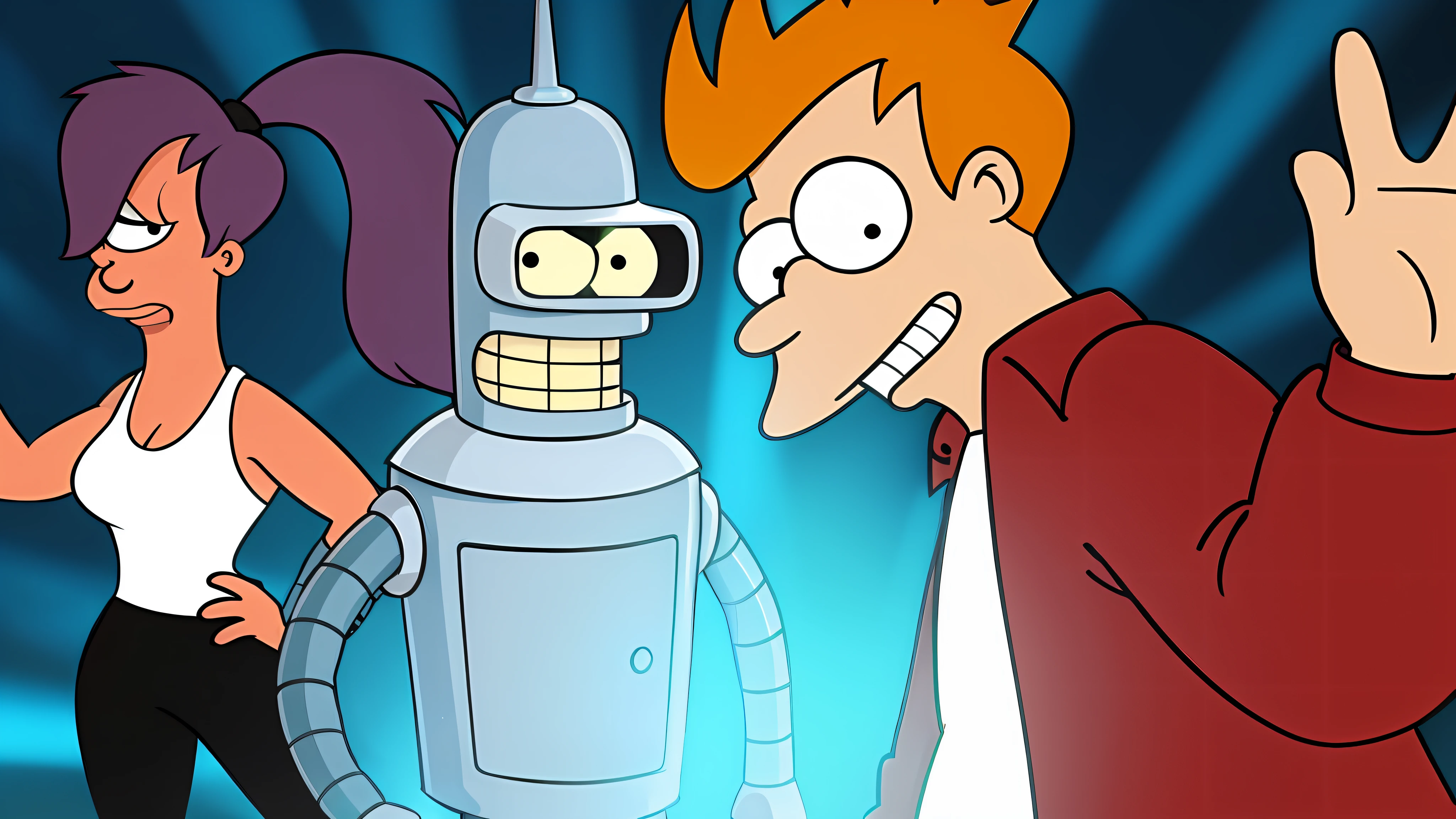 the iconic image of Futurama's characters, such as Fry, Leela and Bender, in a funny and colorful pose.
