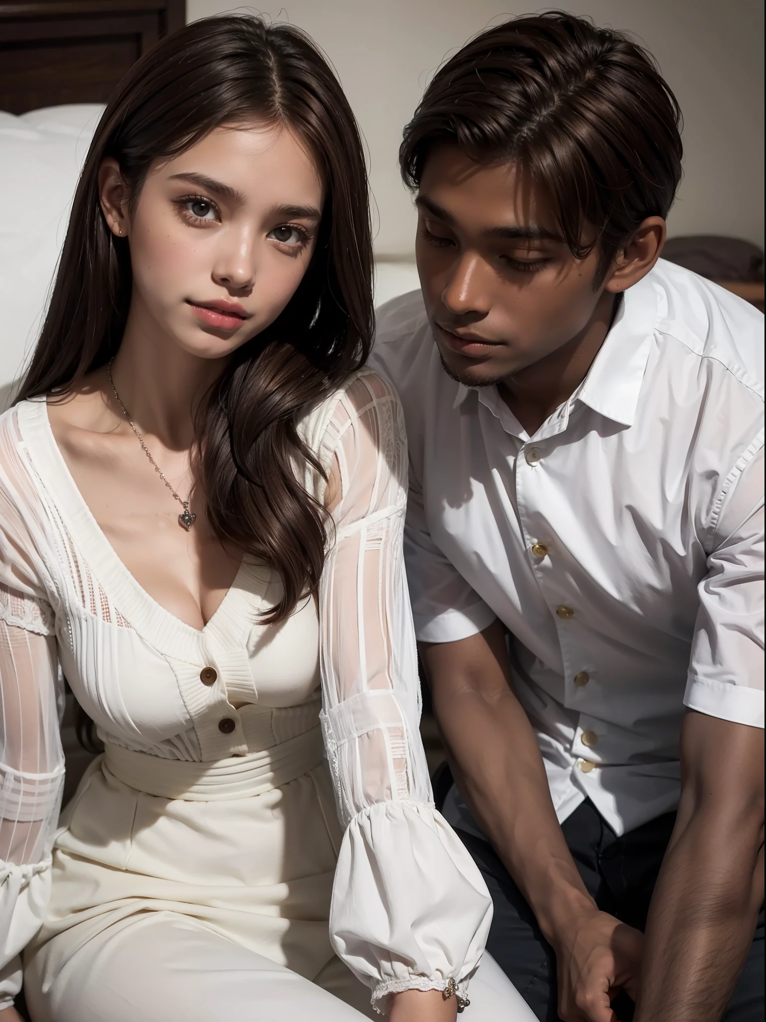 (Romantic Couple:1.2), (1 Dark-skinned girl:1.3), (1 White Boy with brown hair:1.3)