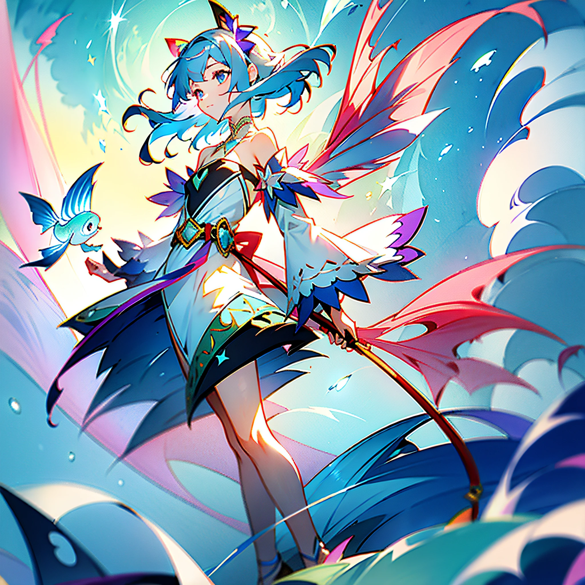 Light blue hair mixed with pink, purple, green, light yellow delicate girl, shawl medium hair, pure white off-the-shoulder dress, red belt, blue four-pointed star hair ornament, small water ring on the head, no wings, holding a goldfish, watercolor style standing painting --auto --s2