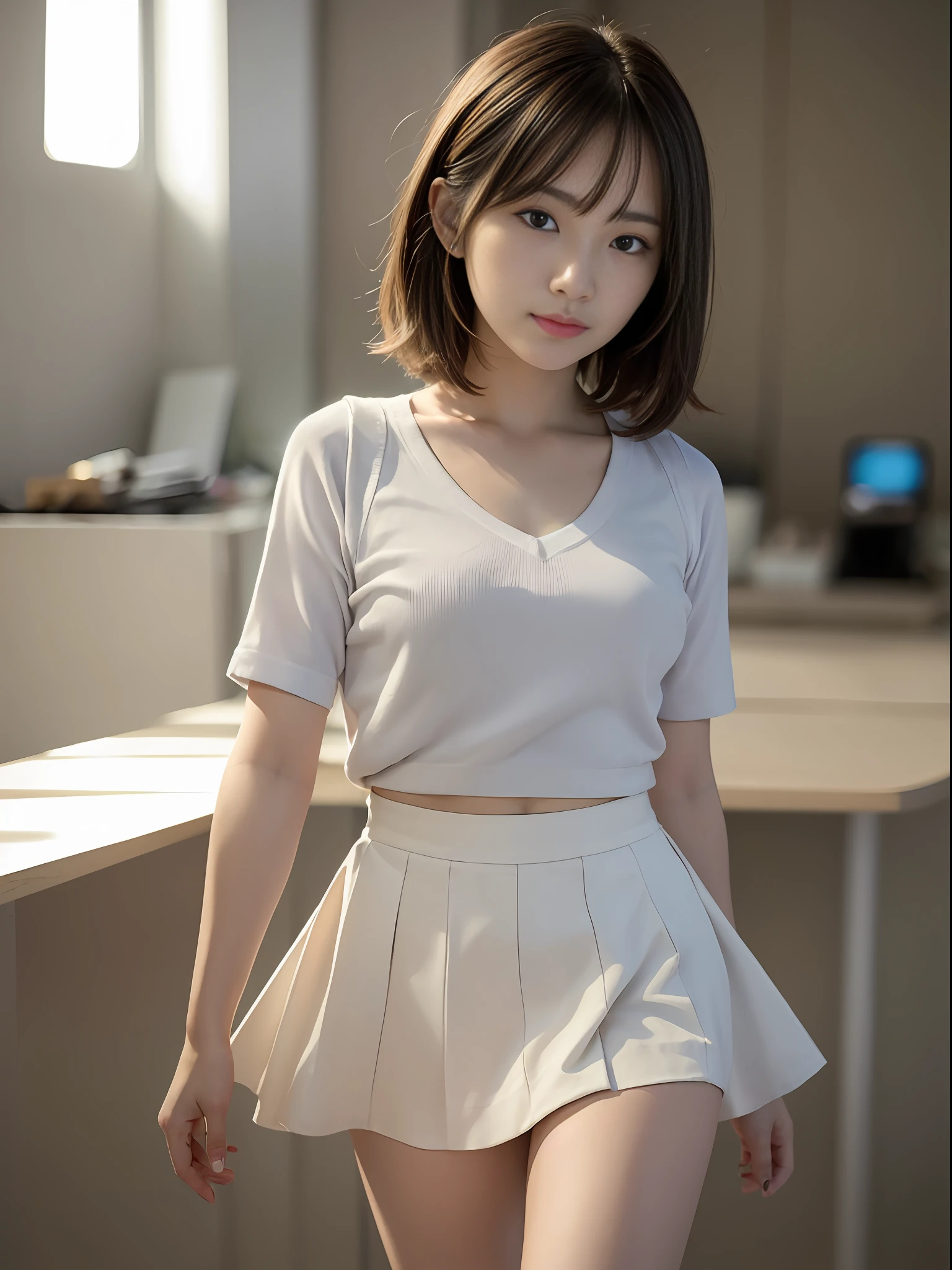 ((Best quality, 8k, Masterpiece: 1.3)), Sharp focus: 1.2, 1 AKB48 women, beautiful face girl, cute face, age 20, small breasts, flat chest, short messy hair, walking, white casual shirt, skirt, office, sunlight, dramatic angle, kindness, cinematic lighting, (8k, masterpiece, best quality, raw photo)