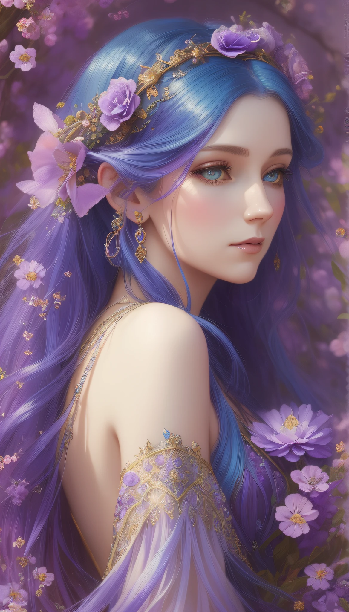 a woman with long blue hair and a purple dress with flowers in her hair, intricate wlop, ethereal fantasy, inspired by gaston bussiere, portrait of mermaid queen, beautiful fantasy art, beautiful fantasy portrait, detailed fantasy digital art, inspired by WLOP, in style of anna dittmann, colorfull digital fantasy art, beautiful fantasy art portrait, fantasy portrait