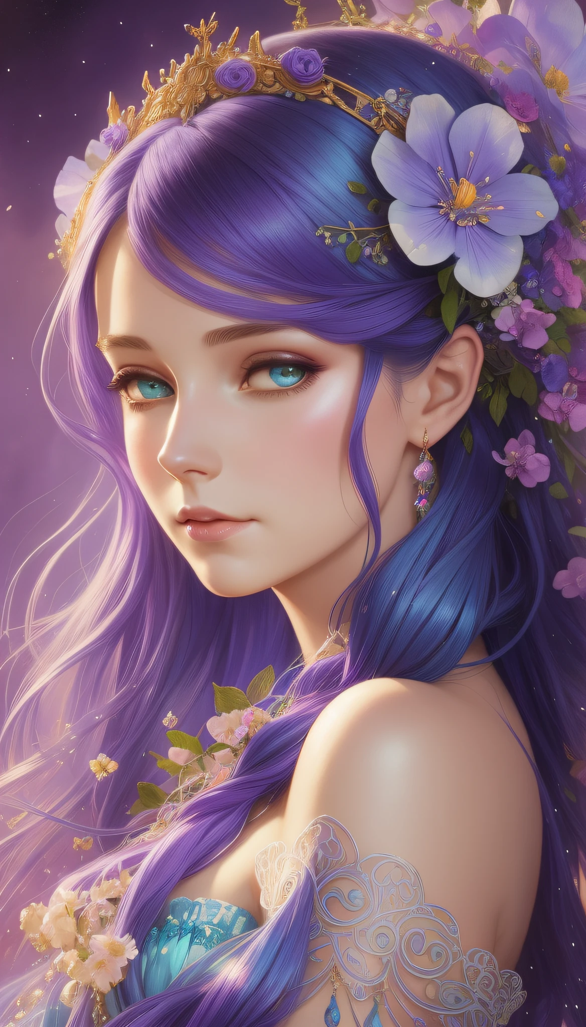 a woman with long blue hair and a purple dress with flowers in her hair, intricate wlop, ethereal fantasy, inspired by gaston bussiere, portrait of mermaid queen, beautiful fantasy art, beautiful fantasy portrait, detailed fantasy digital art, inspired by WLOP, in style of anna dittmann, colorfull digital fantasy art, beautiful fantasy art portrait, fantasy portrait