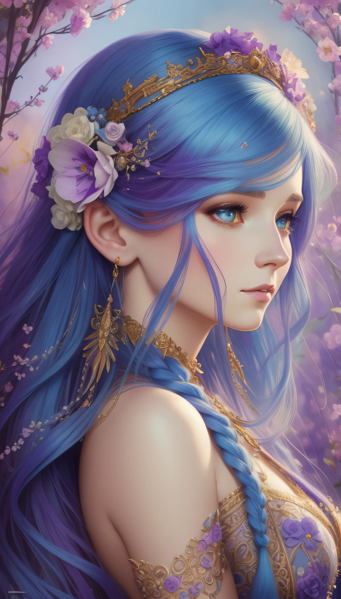 a woman with long blue hair and a purple dress with flowers in her hair, intricate wlop, ethereal fantasy, inspired by gaston bussiere, portrait of mermaid queen, beautiful fantasy art, beautiful fantasy portrait, detailed fantasy digital art, inspired by WLOP, in style of anna dittmann, colorfull digital fantasy art, beautiful fantasy art portrait, fantasy portrait