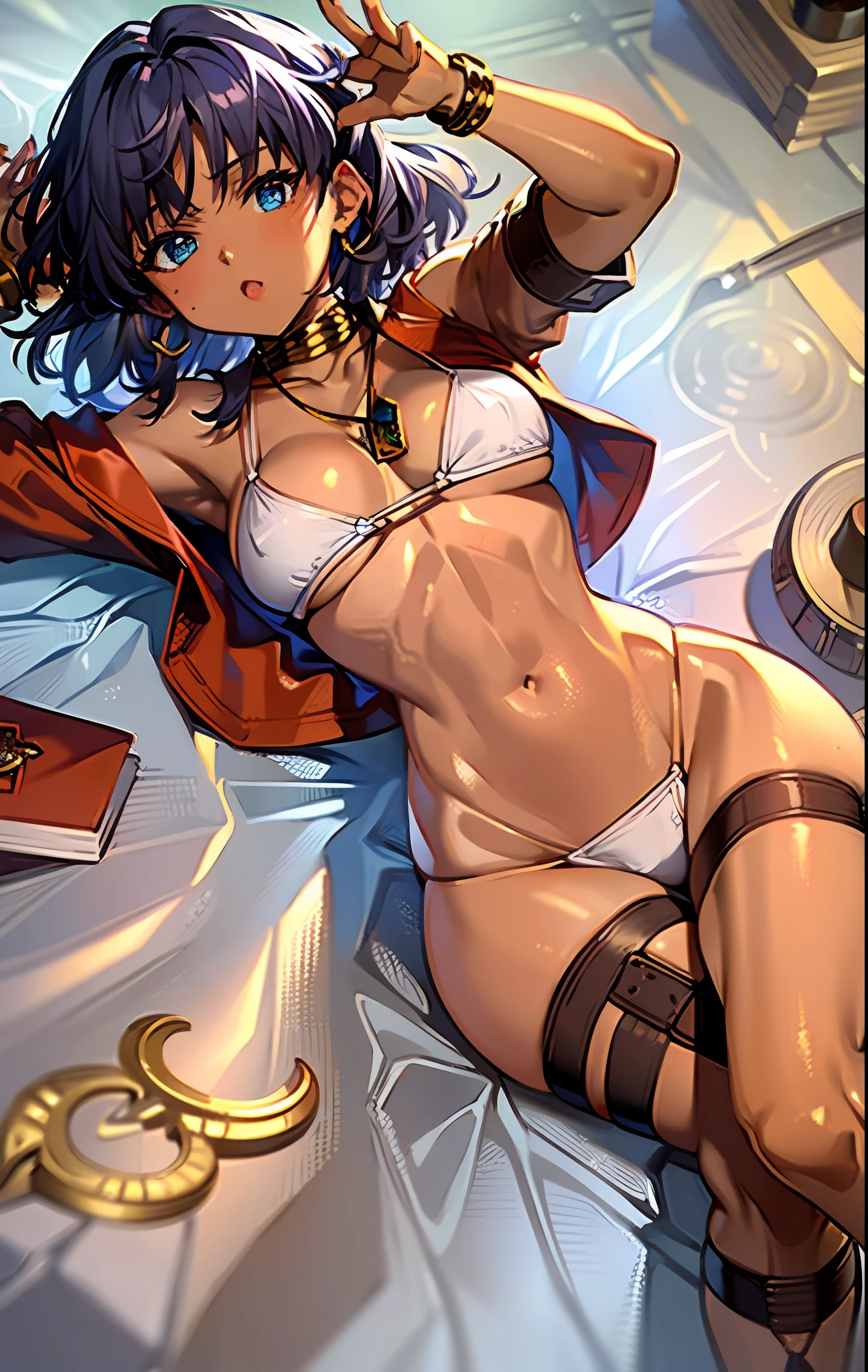 (masterpiece, best quality;1.3), extremely detailed, 1girl, solo, detailed skin, looking at viewer, dark skin,ungry, large breast,cowboy shot,  nadia,dark purple hair, WHITE bikini, red vest,Gold collar, Necklace with large light blue gemstones, lying,