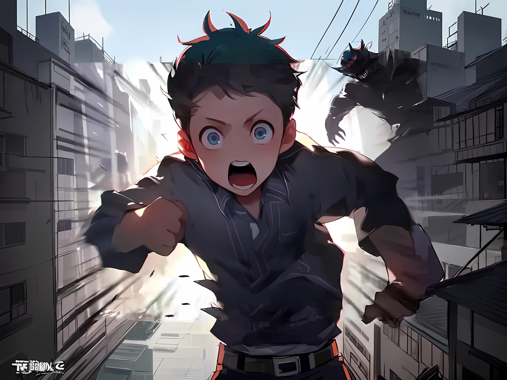anime boy with blue eyes running through a city with a demon, kawacy, in attack on titan, epic anime style, guweiz, official art, aramaki shinji, inspired by Ryūsei Kishida, attack on titan anime style, anime wallaper, from attack on titan, makoto shinka, (attack on titans anime)