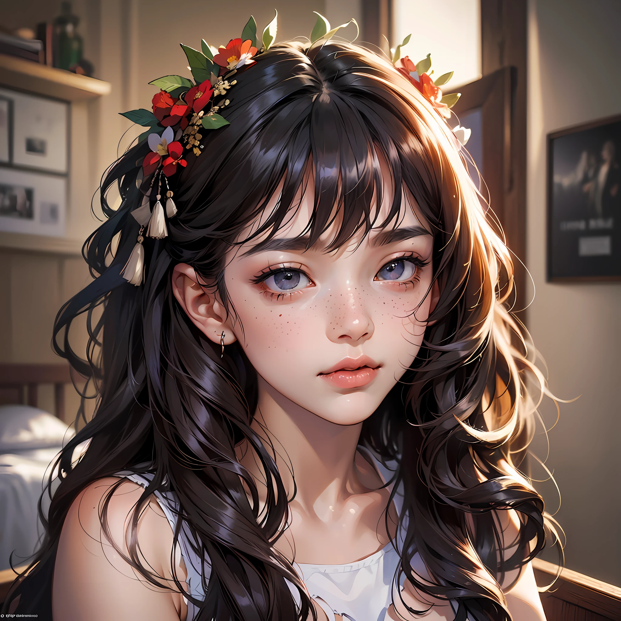 hyperrealistic), (illustration), (high resolution), (8K), (extremely detailed), (best illustration), (beautiful detailed eyes), (best quality), (super detailed), (masterpiece), (detailed face), solo, (dynamic pose), 1 girl, 18 years old, student, red and black curly hair, freckles, black eyes, chinese girl, small cute, beautiful and moving, nsfw --auto --s2