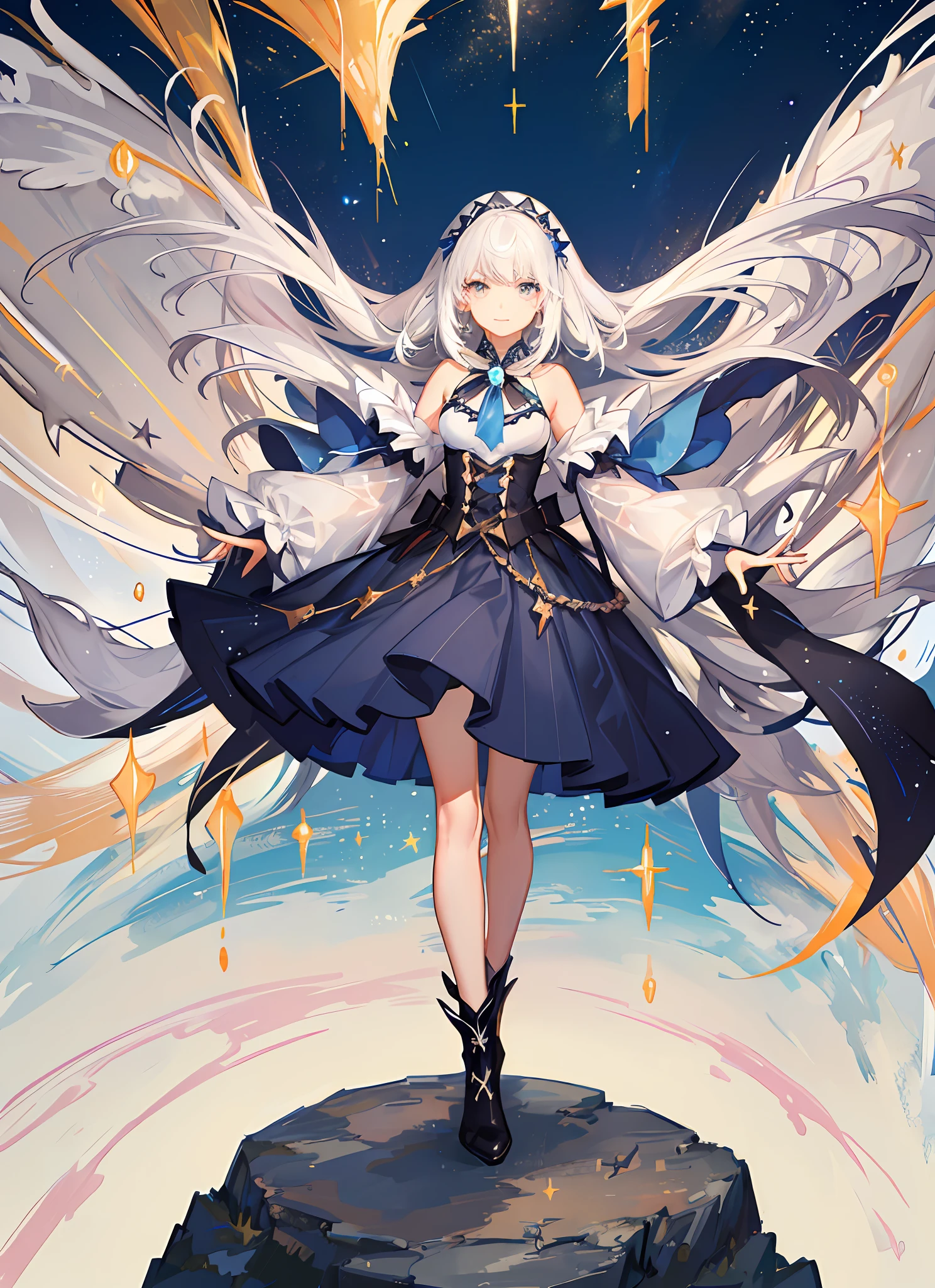 ((magical girl)), ((gorgeous starry sky background)), ((ultra-detailed)), ((best illustration)), ((cinematic lighting)), dynamic angle, floating, finely detailed, (glitter:1.2), (sparkle:1.2), (shine:1.2), classic, (painting:1.1), (sketch:1.1), (best quality), (masterpiece:1.2), (anime style), (solo), beautiful detailed face, (cute face:1.3), (big eyes:1.3), colorful hair, (long hair:1.2), (floating hair:1.2), (magical girl outfit), detailed outfit, (sparkling wand:1.3), (magical effects:1.3), (flowing skirt:1.2), (cute boots:1.1), (transparent fabric:1.1), (twinkle:1.2), (glow:1.2), (radiance:1.2), (flicker:1.2), (dazzle:1.2)