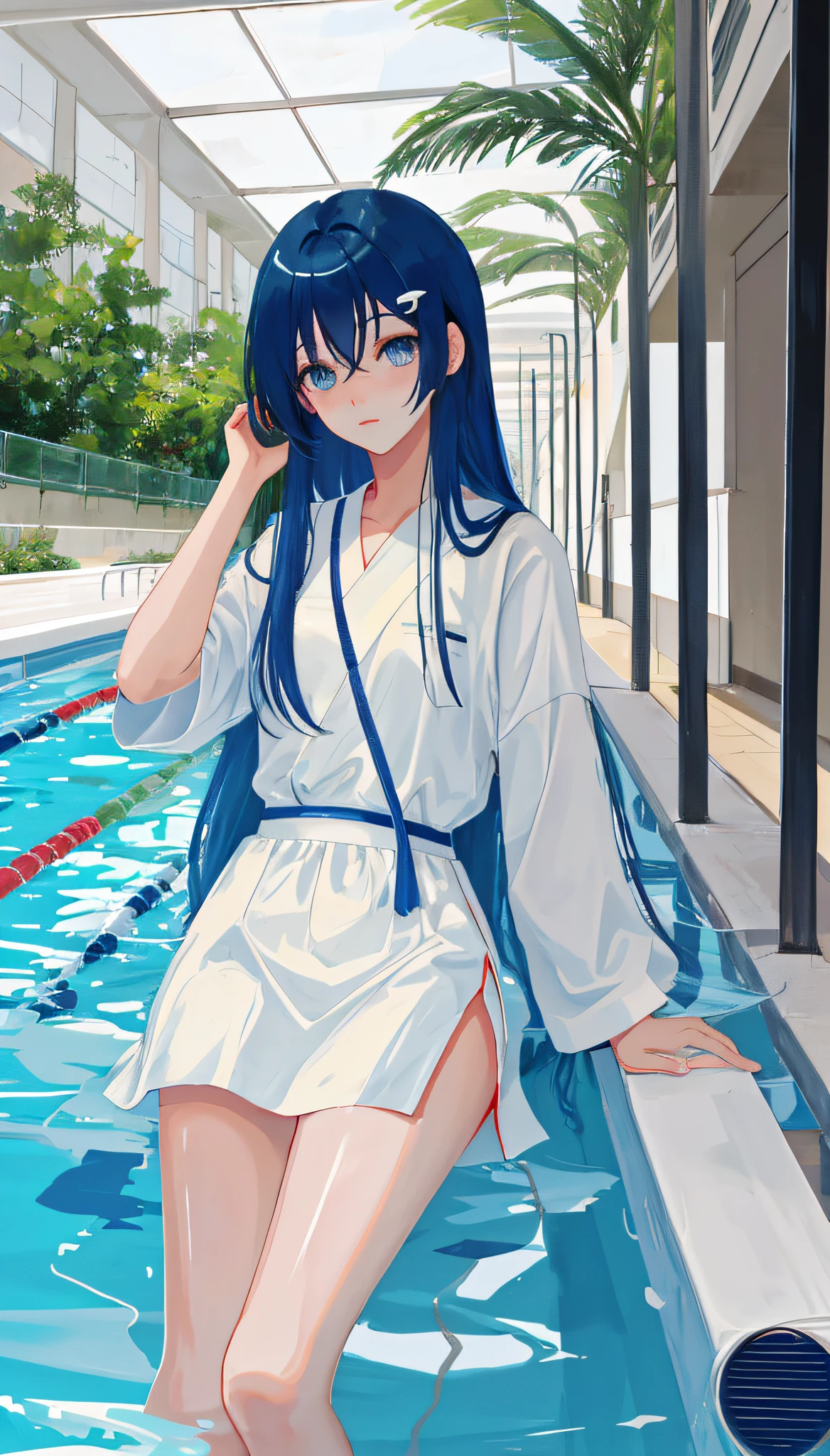 Anime girl, the most delicate eyes, long hair, slim, next to the pool, wearing JK, beautiful face, showing feet